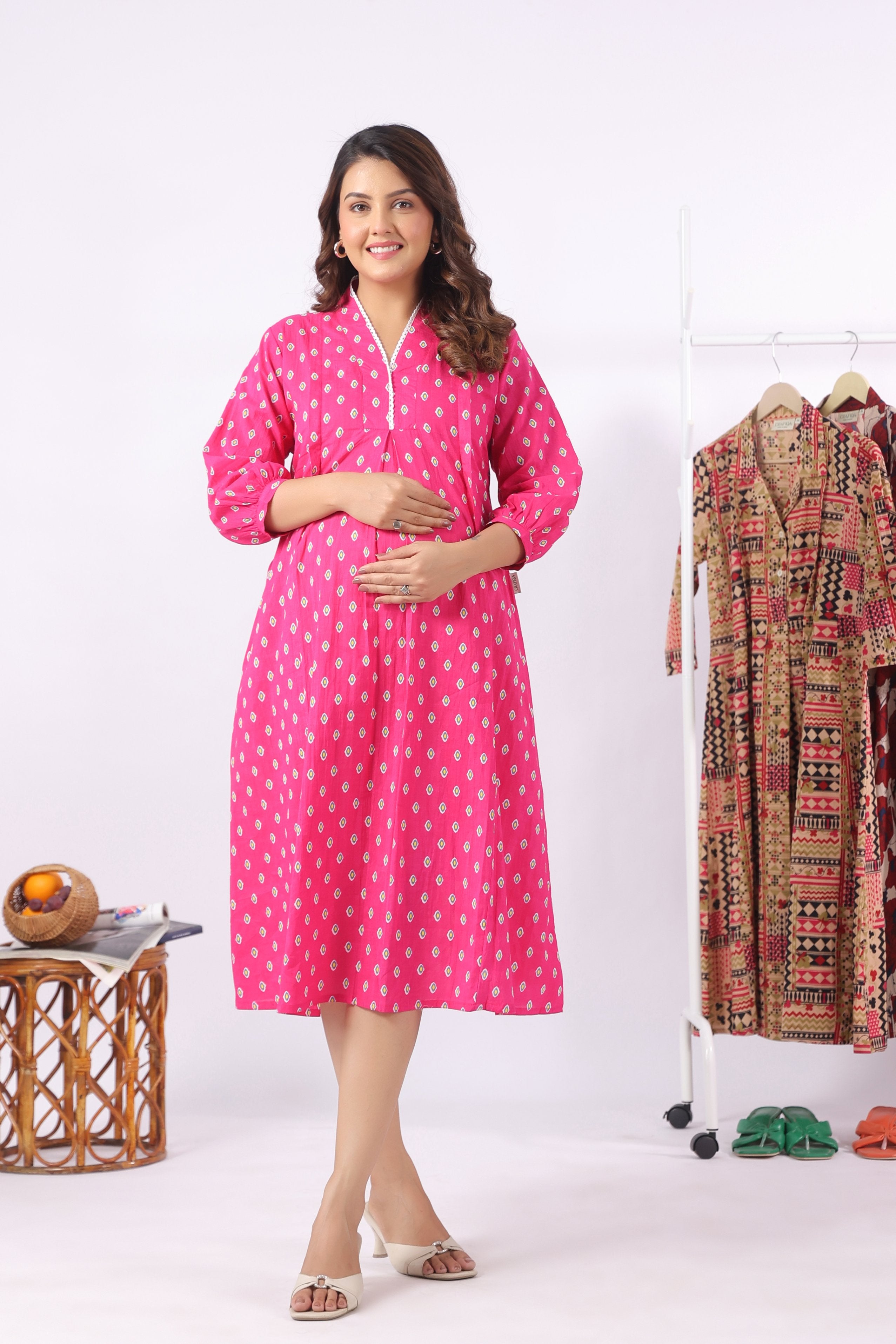 Fuchsia Petal Motif Cotton Maternity - Nursing Dress