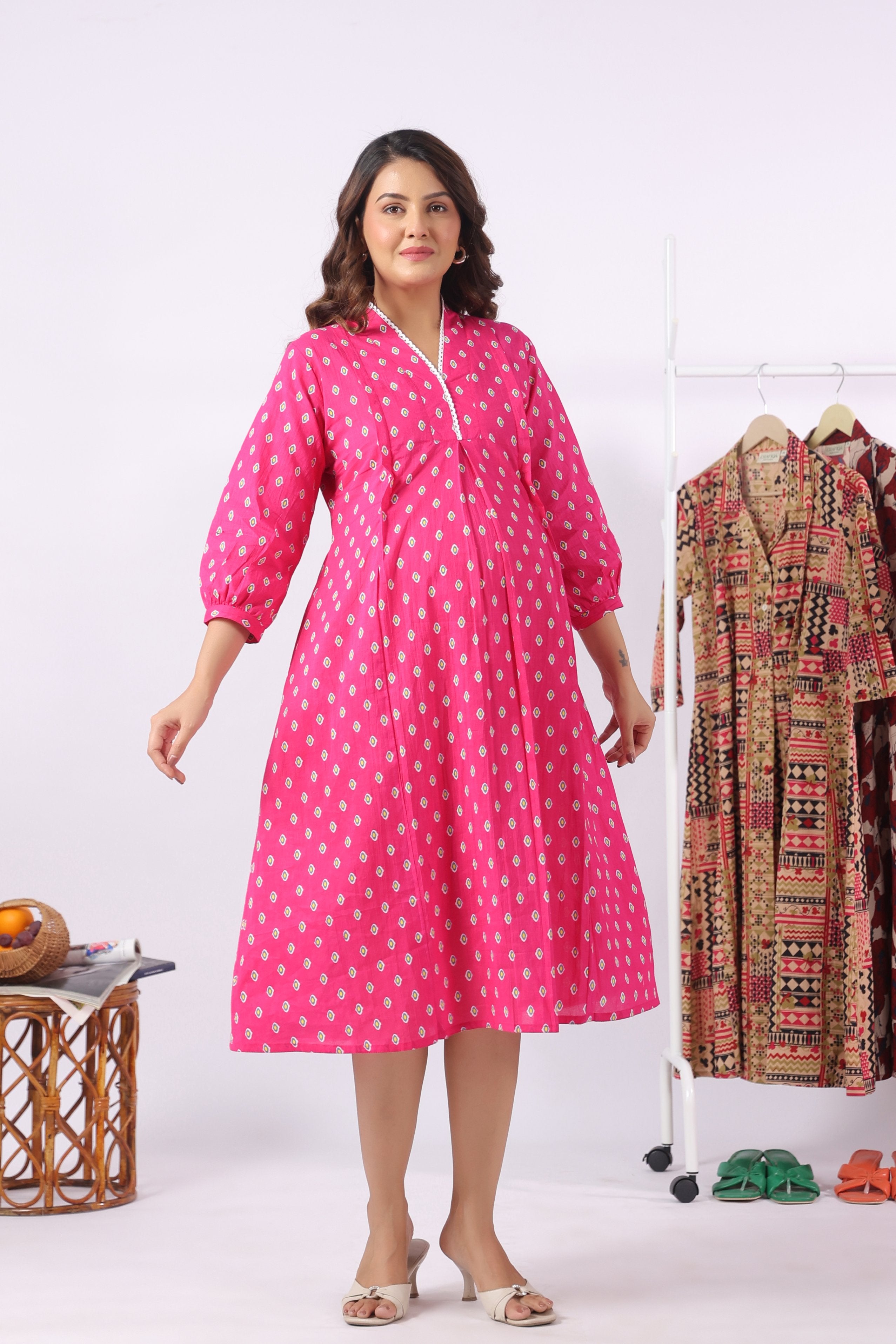 Fuchsia Petal Motif Cotton Maternity - Nursing Dress