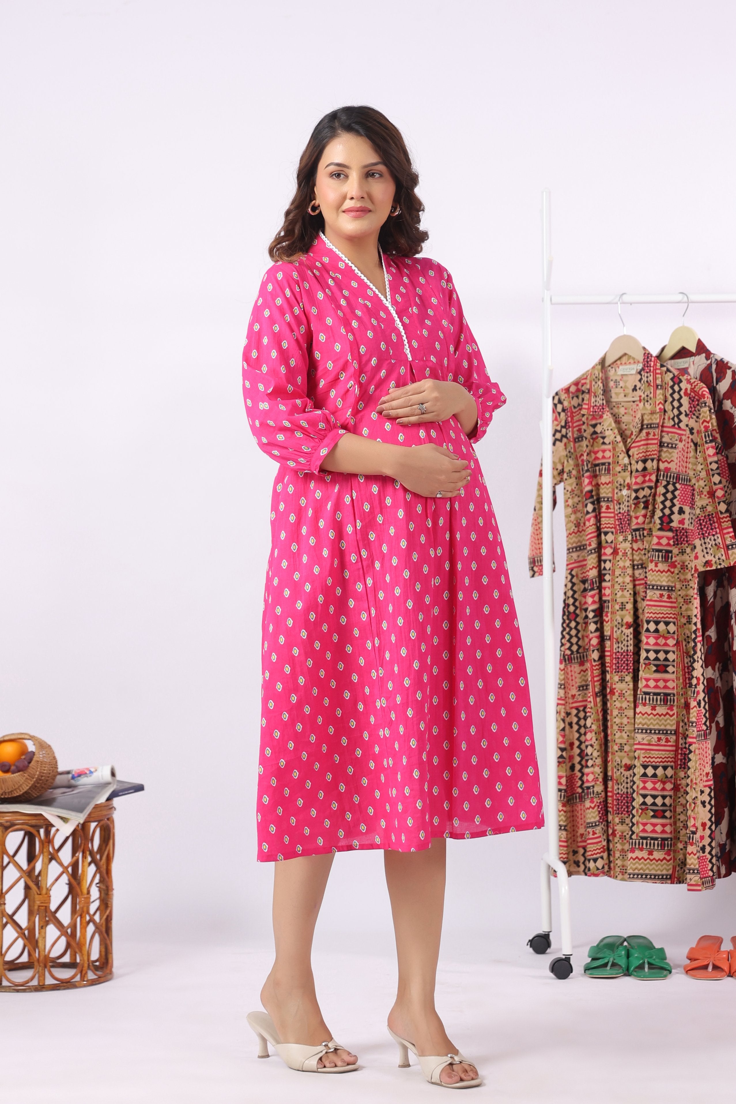 Fuchsia Petal Motif Cotton Maternity - Nursing Dress