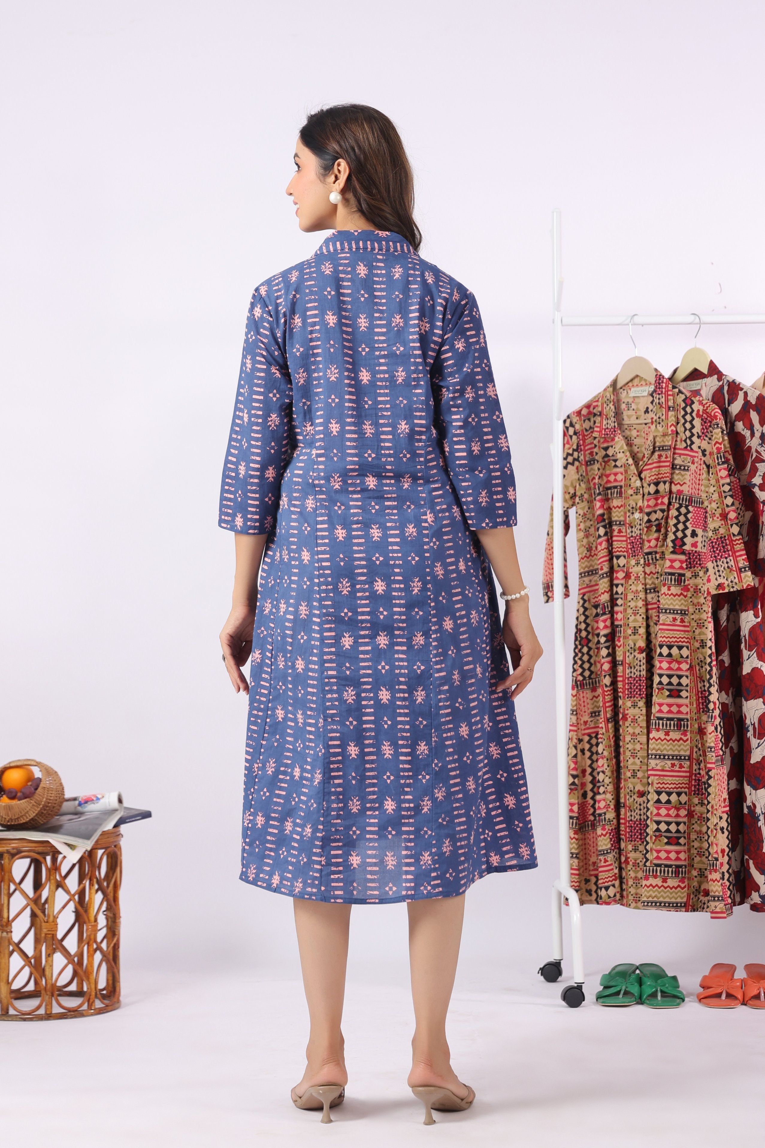 Indigo Art Marks Cotton Maternity - Nursing Dress
