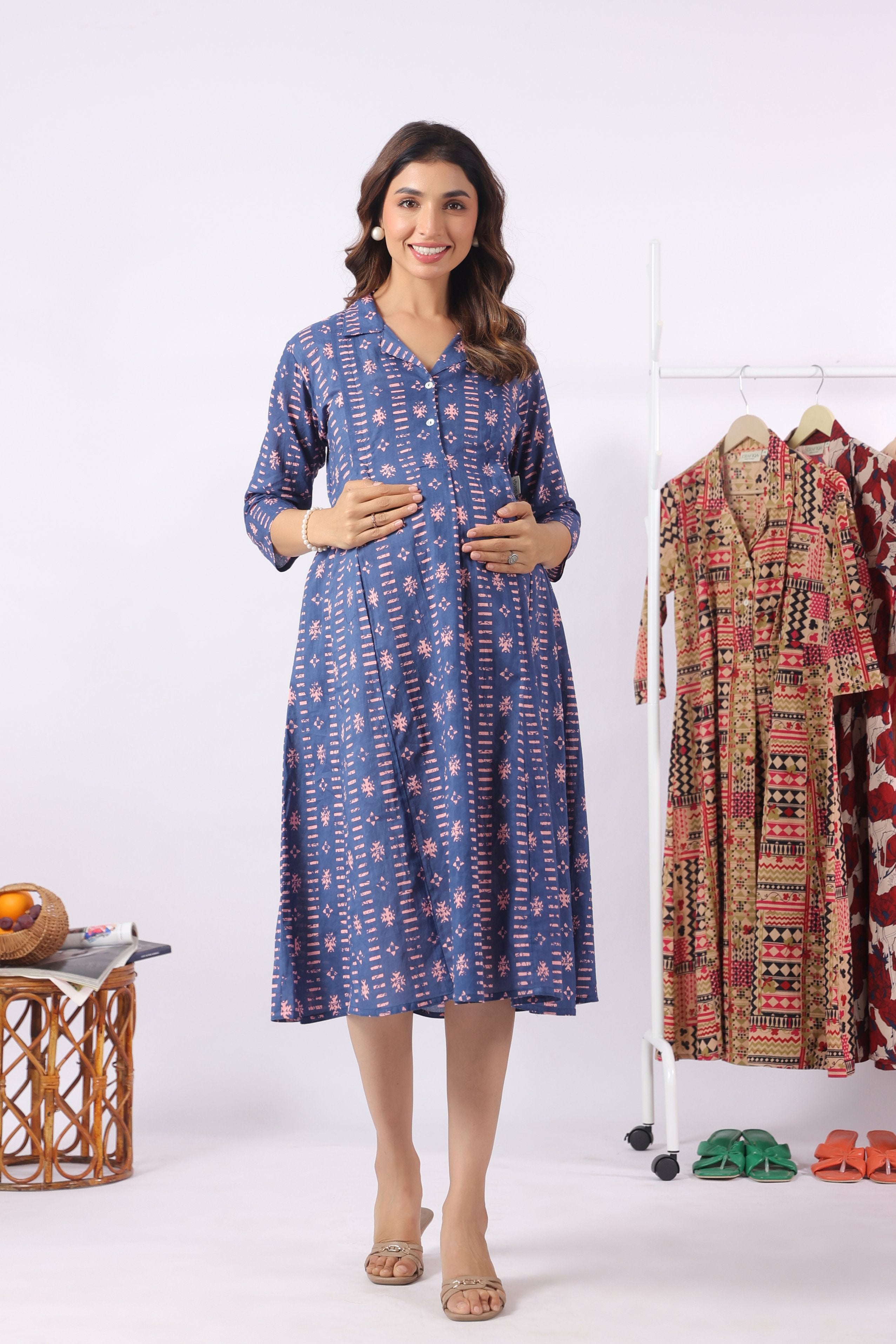 Indigo Art Marks Cotton Maternity - Nursing Dress
