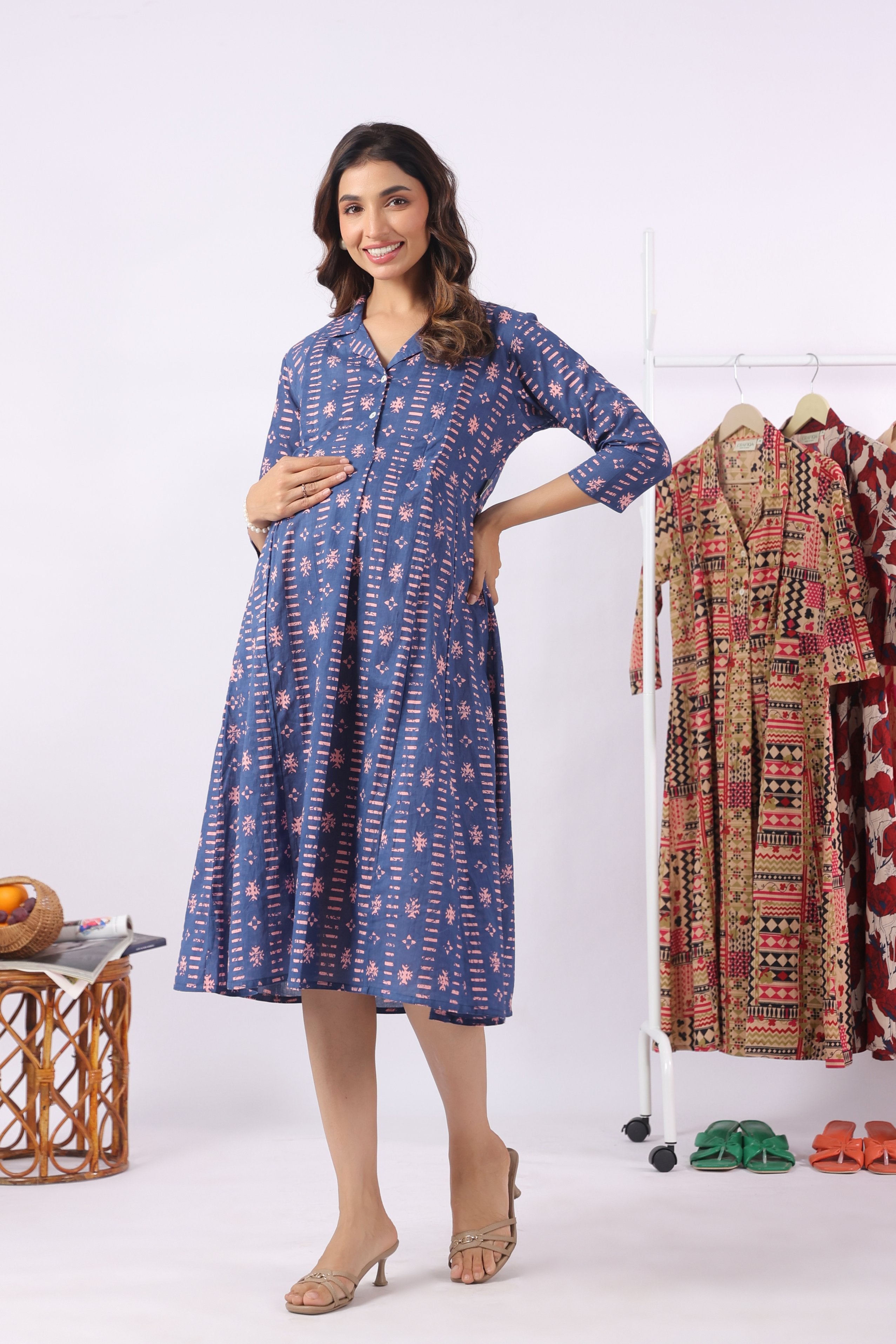 Indigo Art Marks Cotton Maternity - Nursing Dress