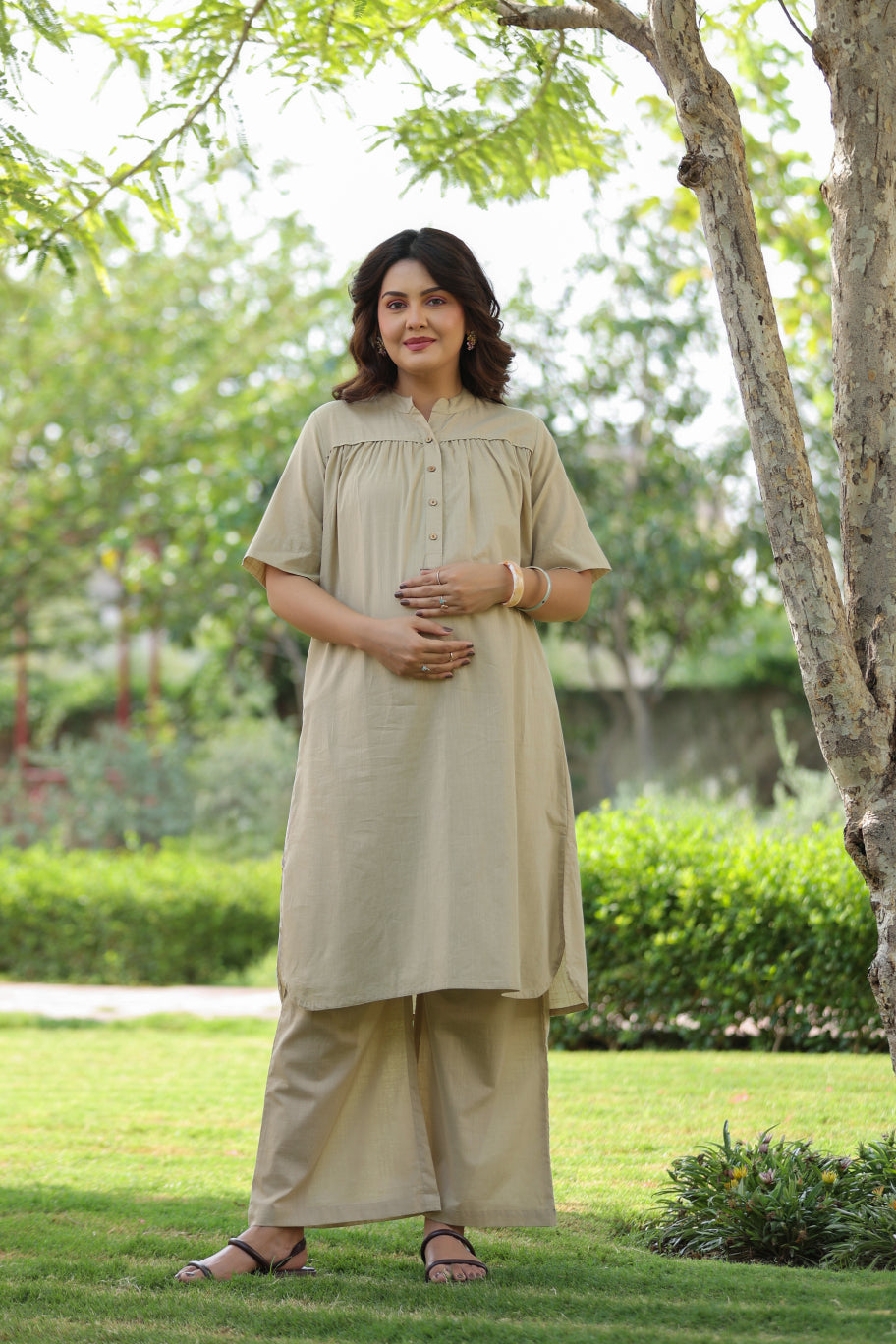 Sahara Sand Cotton Slub Maternity - Nursing Co-ord Set