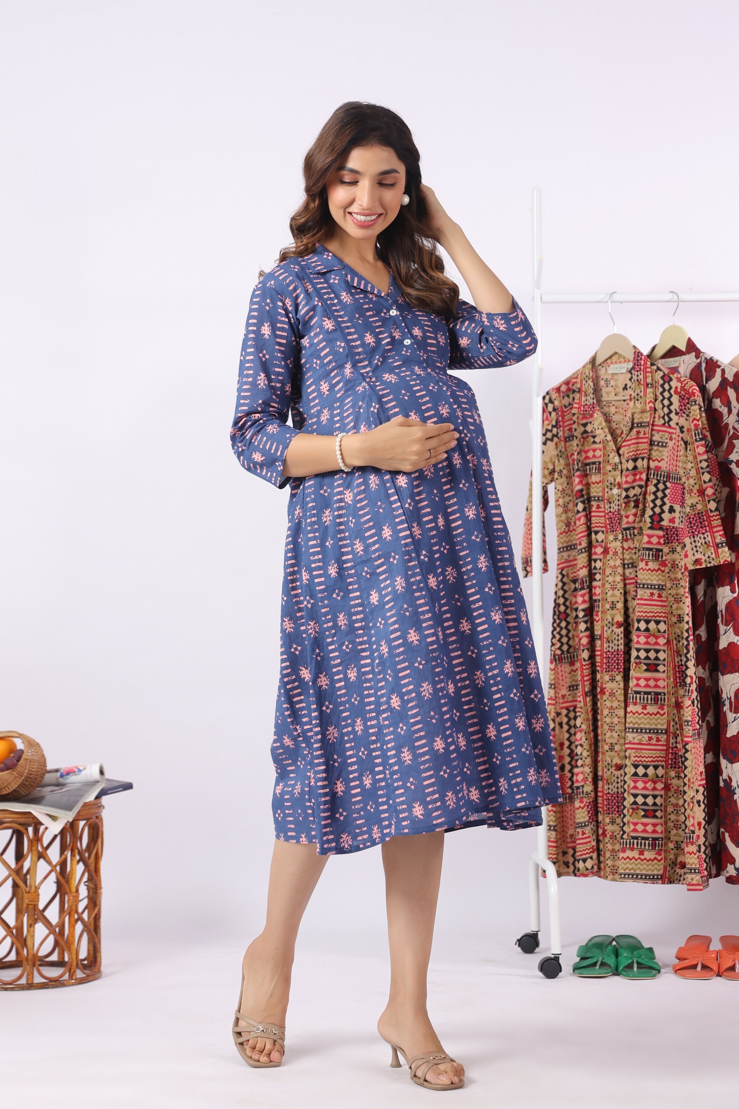 Indigo Art Marks Cotton Maternity - Nursing Dress
