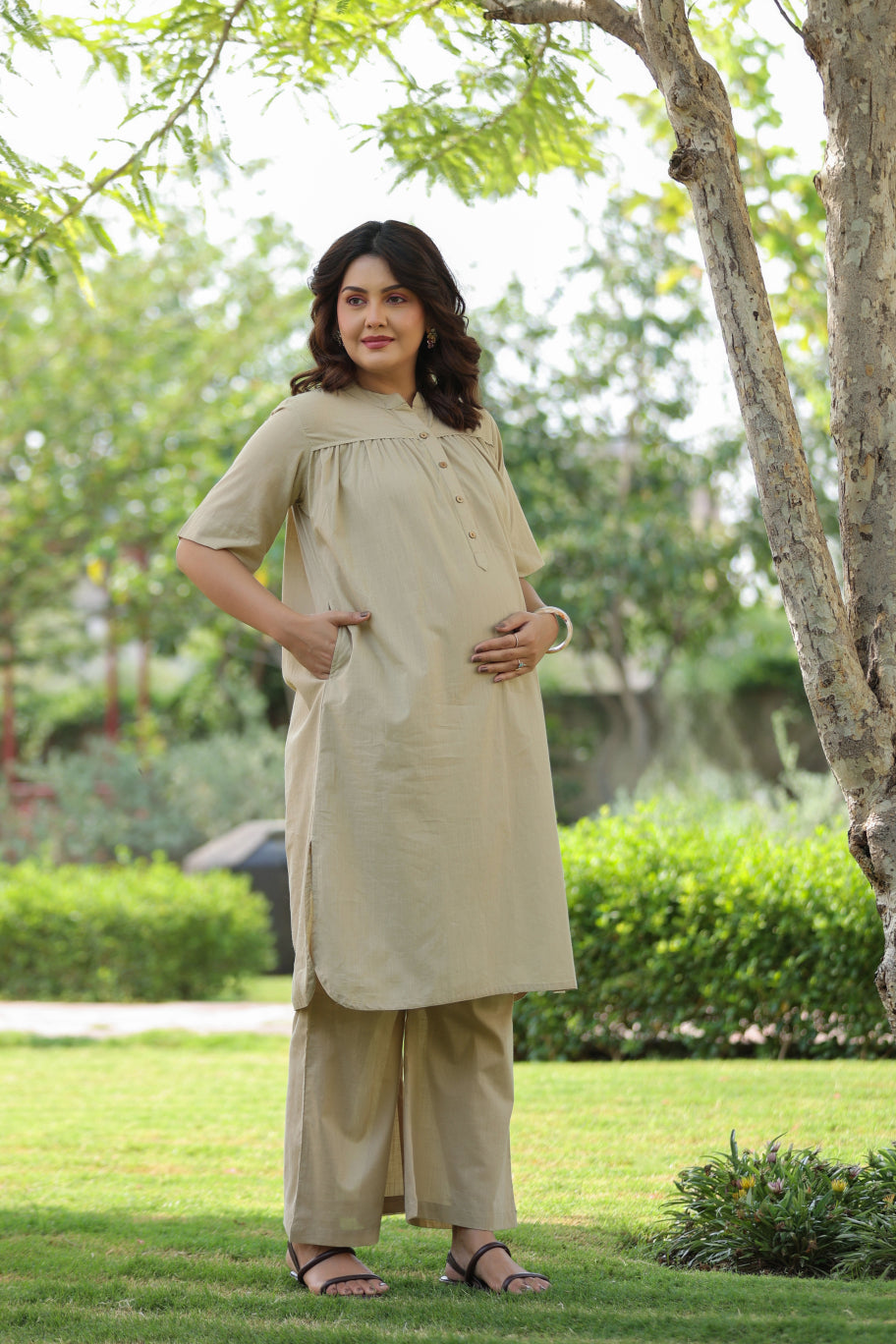 Sahara Sand Cotton Slub Maternity - Nursing Co-ord Set