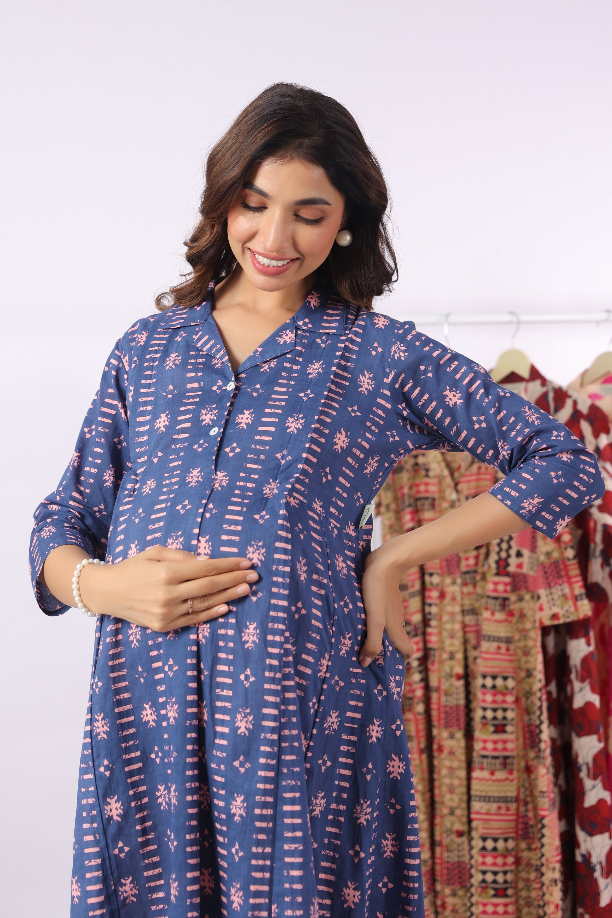Indigo Art Marks Cotton Maternity - Nursing Kurta
