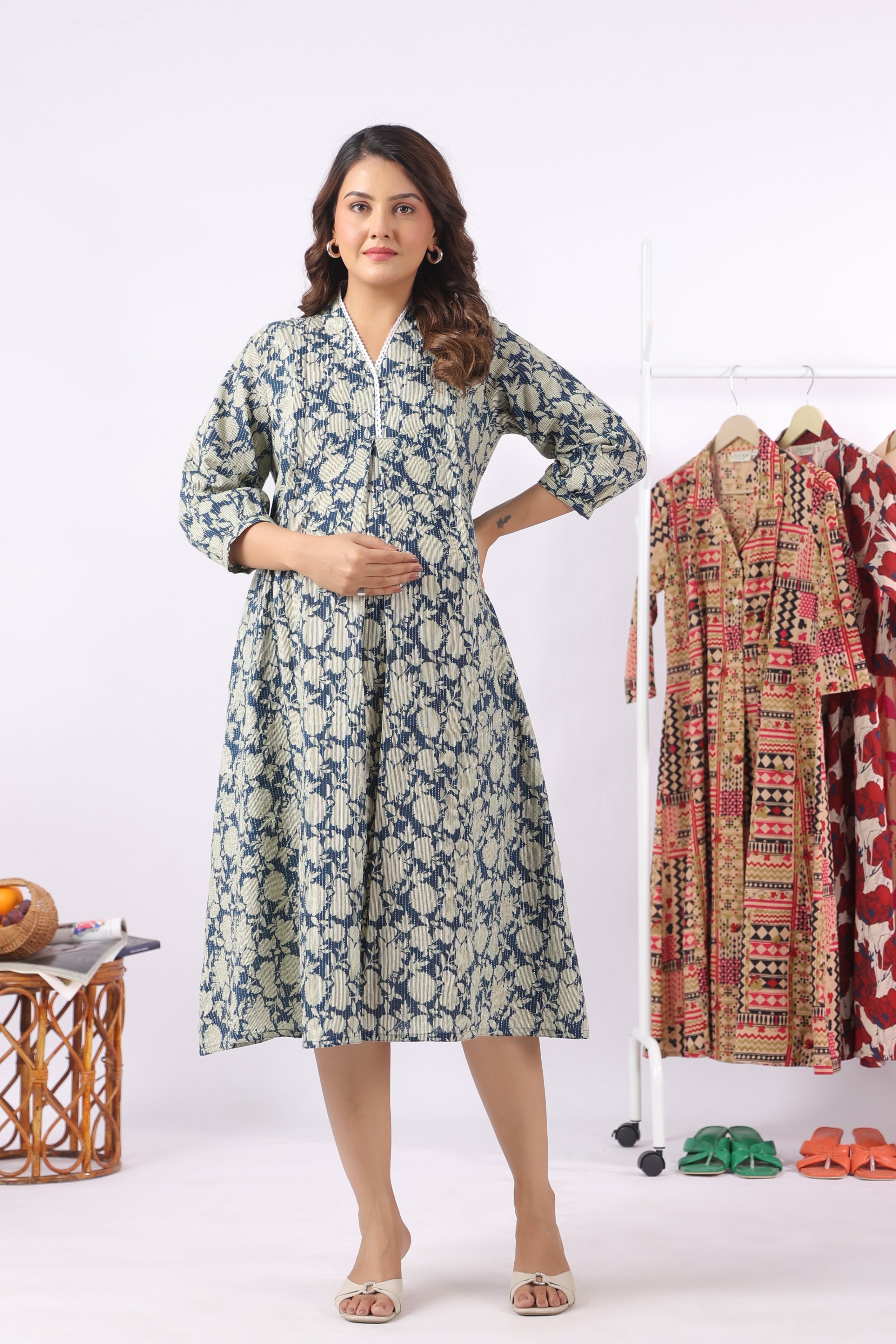 Indigo Phool Kantha Cotton Maternity - Nursing Dress