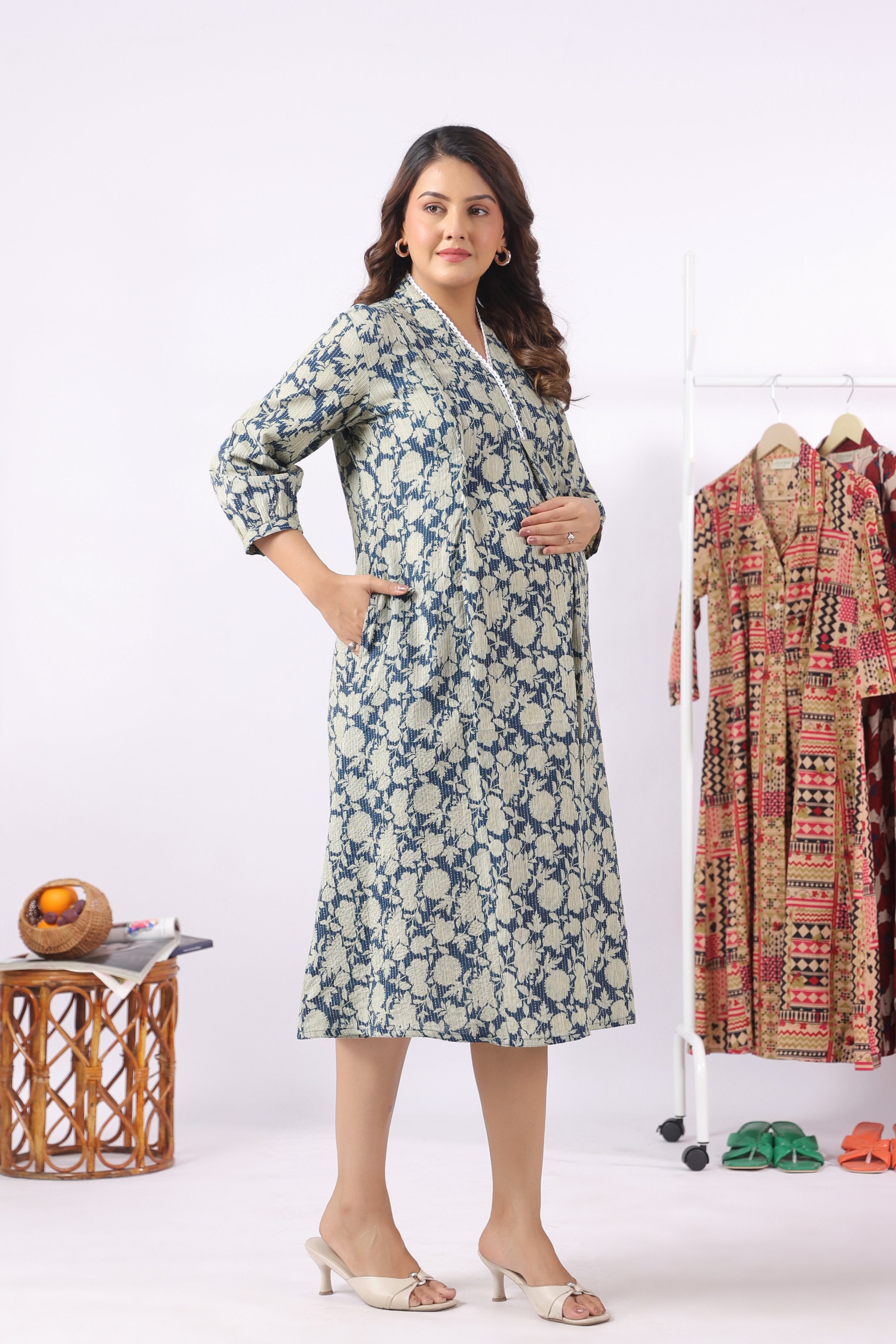 Indigo Phool Kantha Cotton Maternity - Nursing Dress