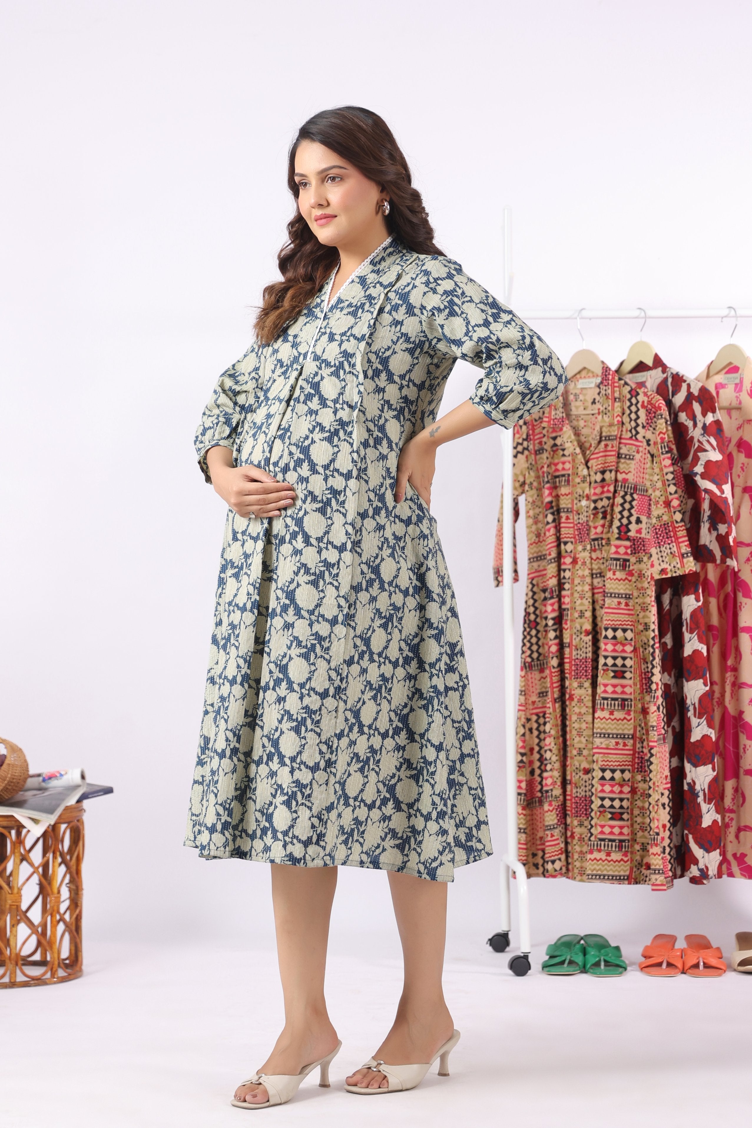 Indigo Phool Kantha Cotton Maternity - Nursing Dress