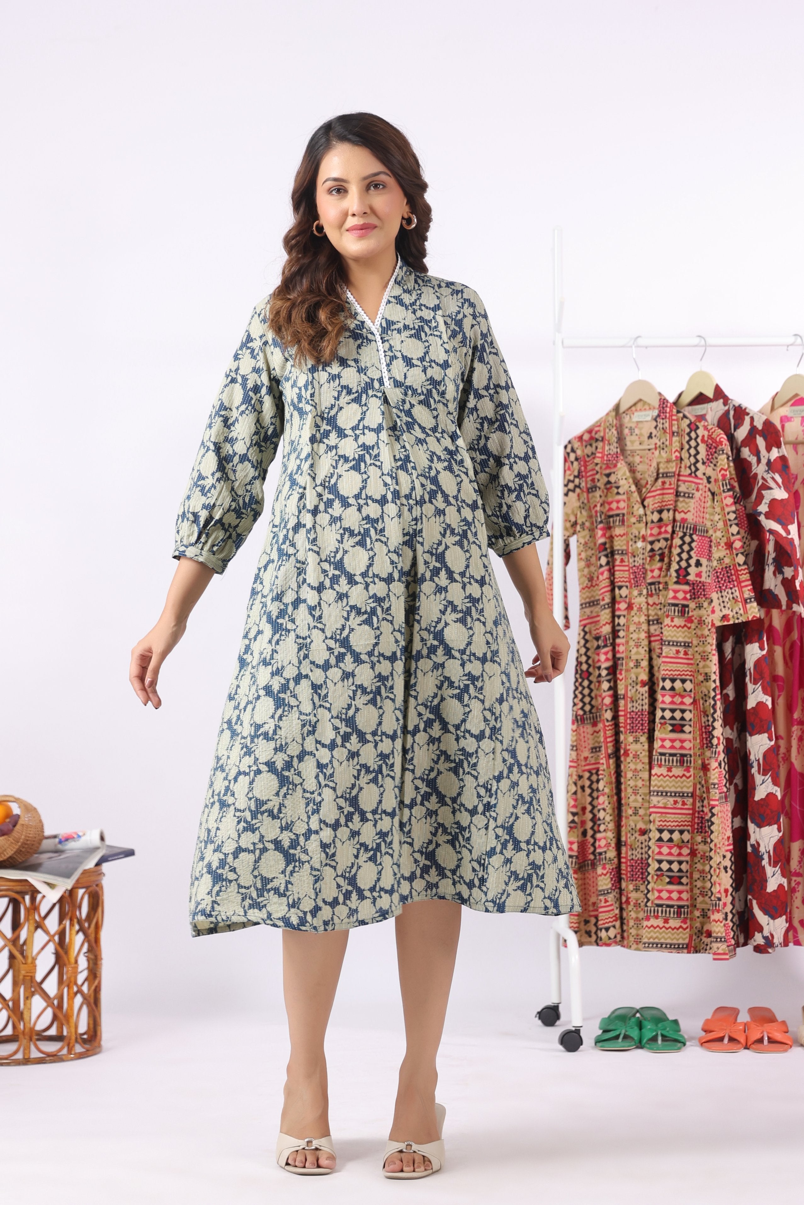 Indigo Phool Kantha Cotton Maternity - Nursing Dress