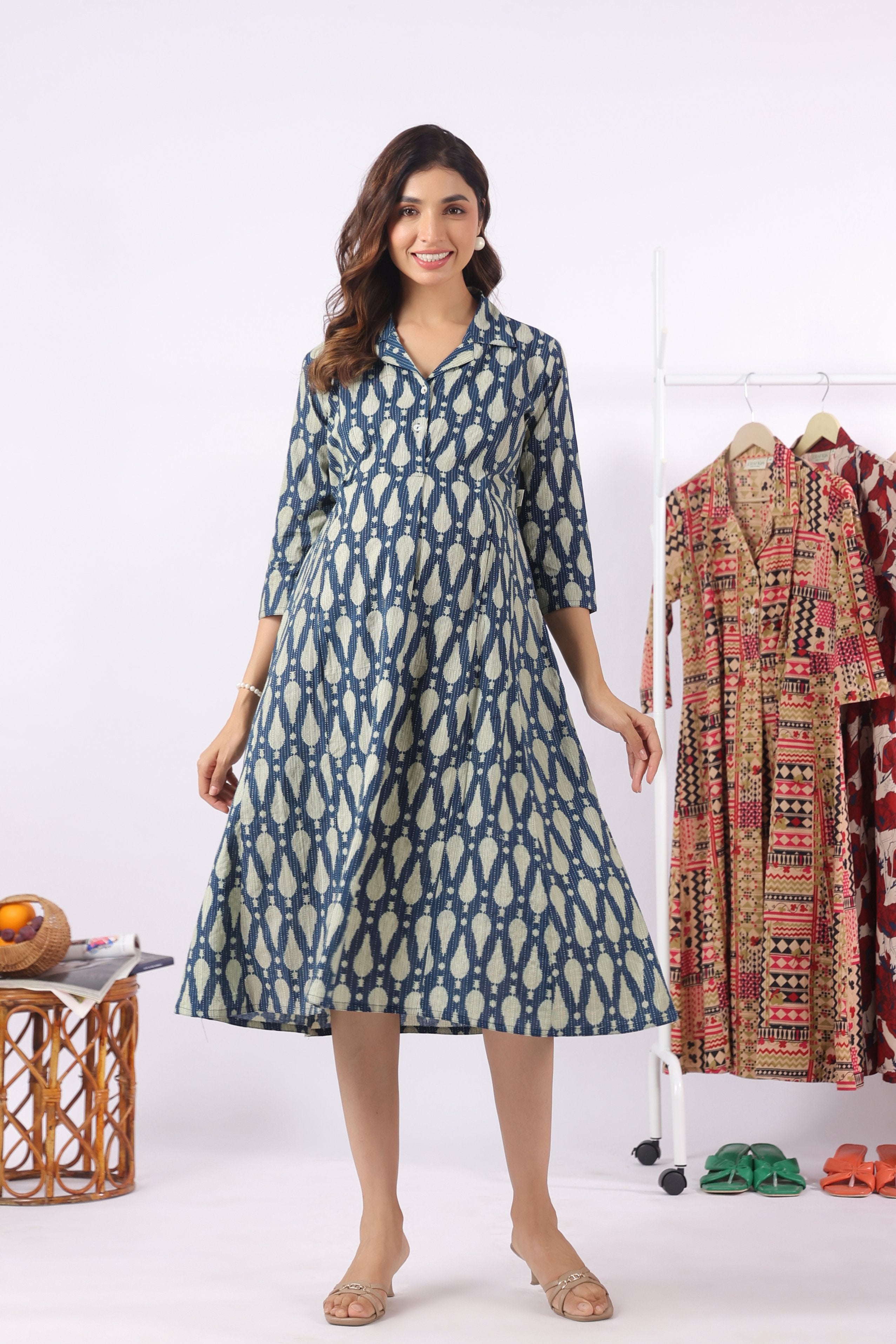 Navy Ikat Raindrop Cotton Maternity - Nursing Dress