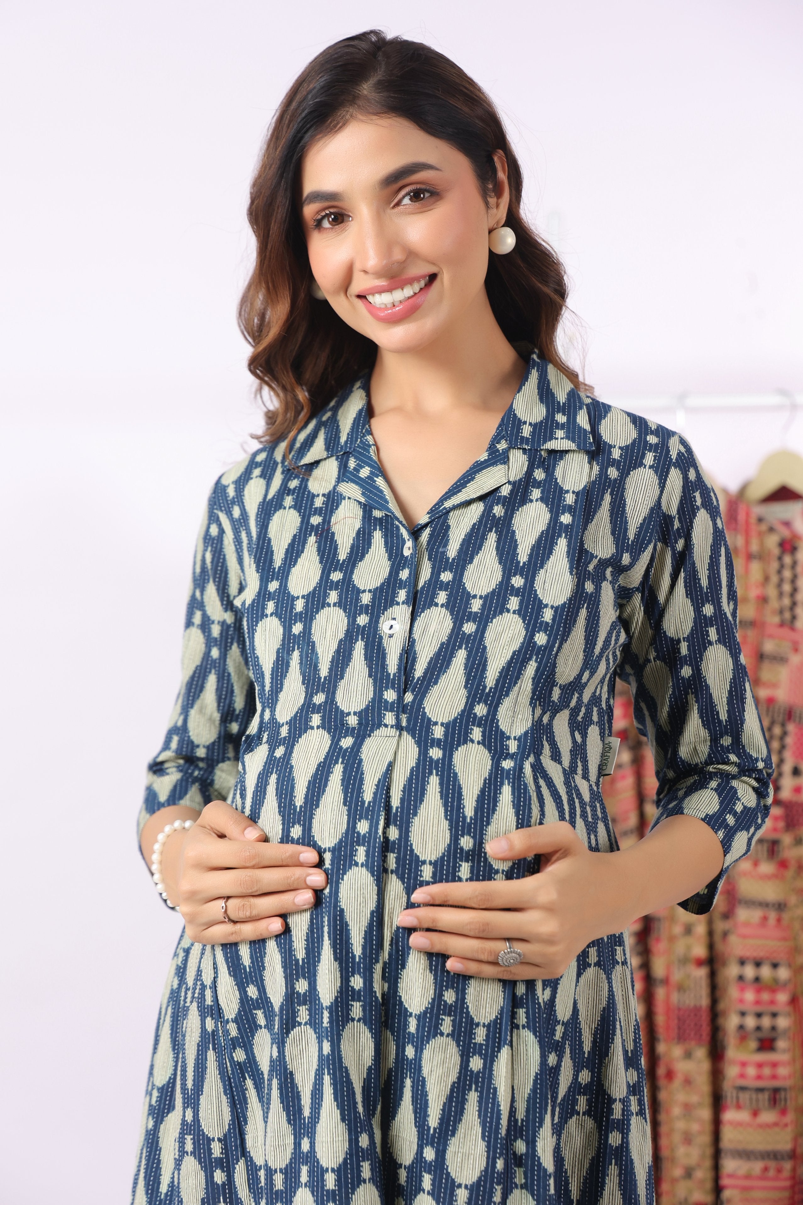 Navy Ikat Raindrop Cotton Maternity - Nursing Kurta