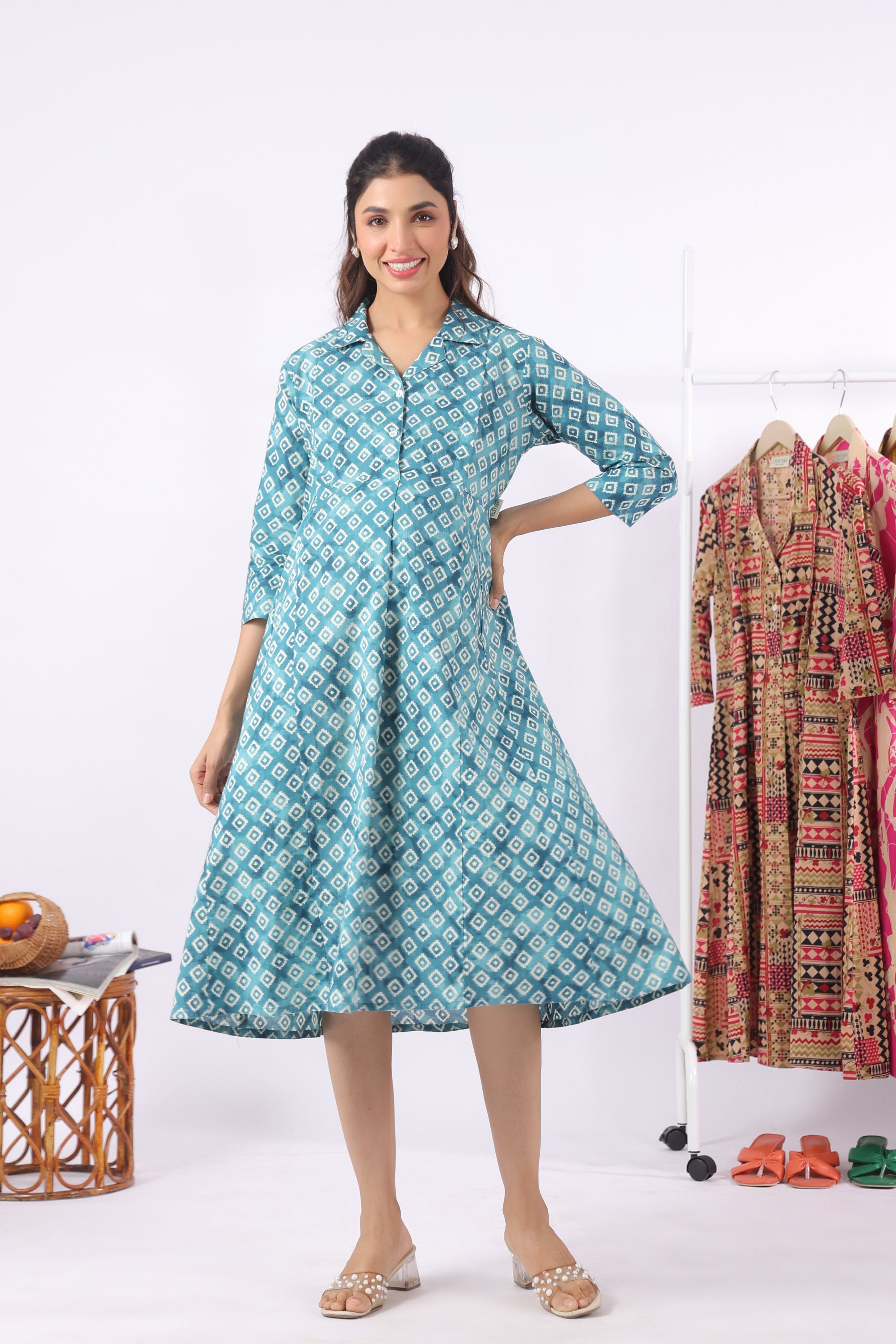 Teal Ikat Diamonds Cotton Maternity - Nursing Dress
