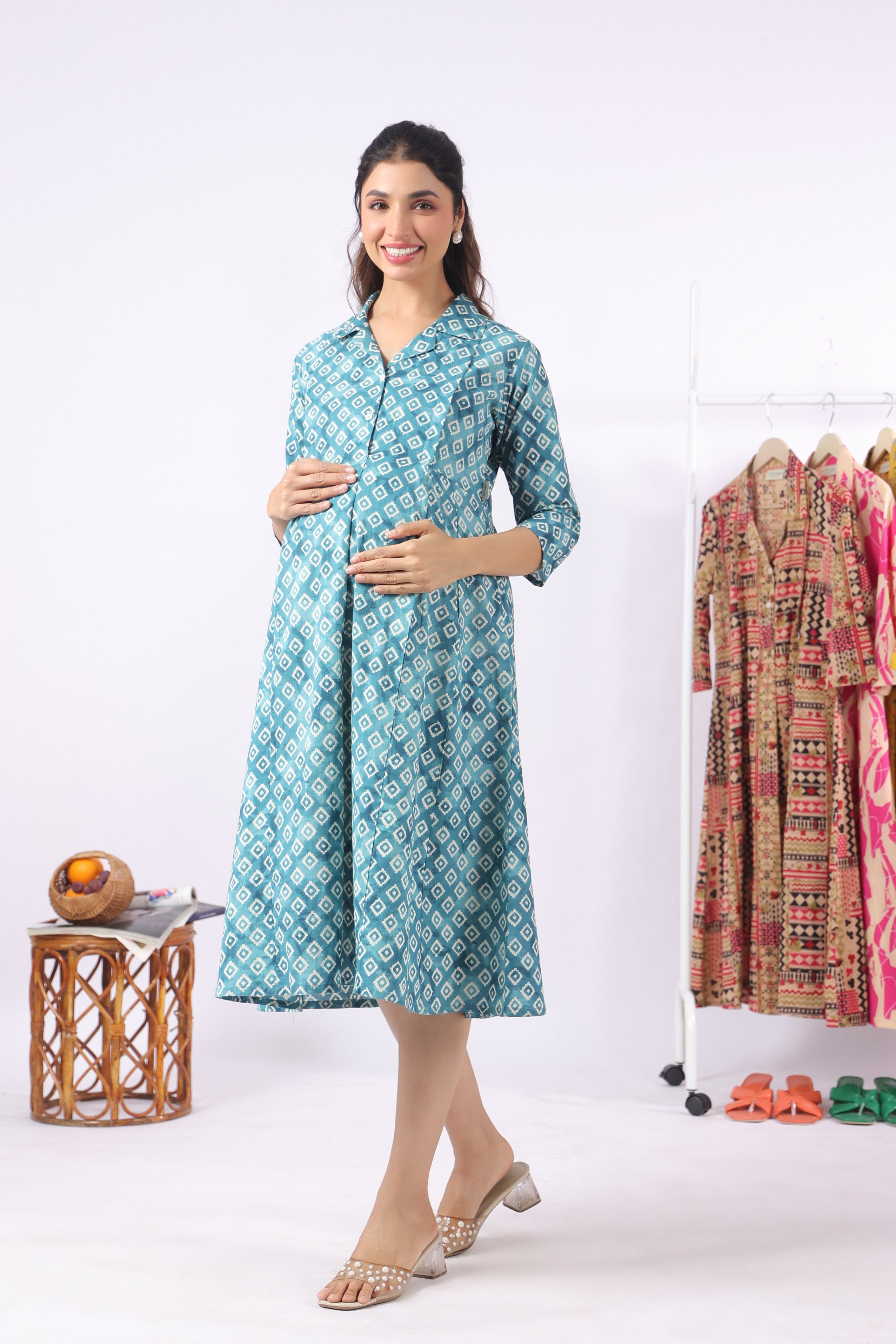 Teal Ikat Diamonds Cotton Maternity - Nursing Dress