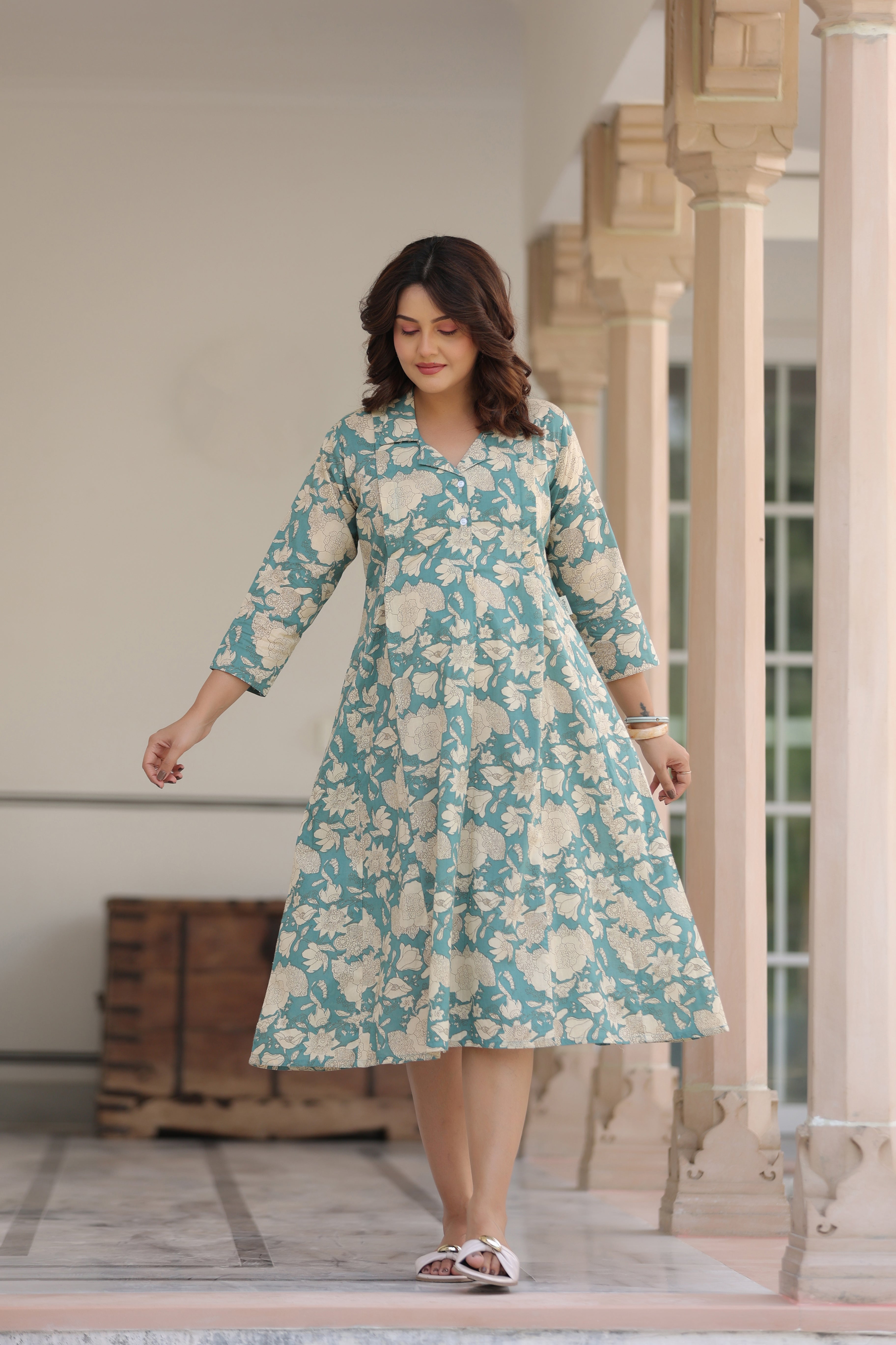 Teal Gardenia Cotton Maternity - Nursing Dress