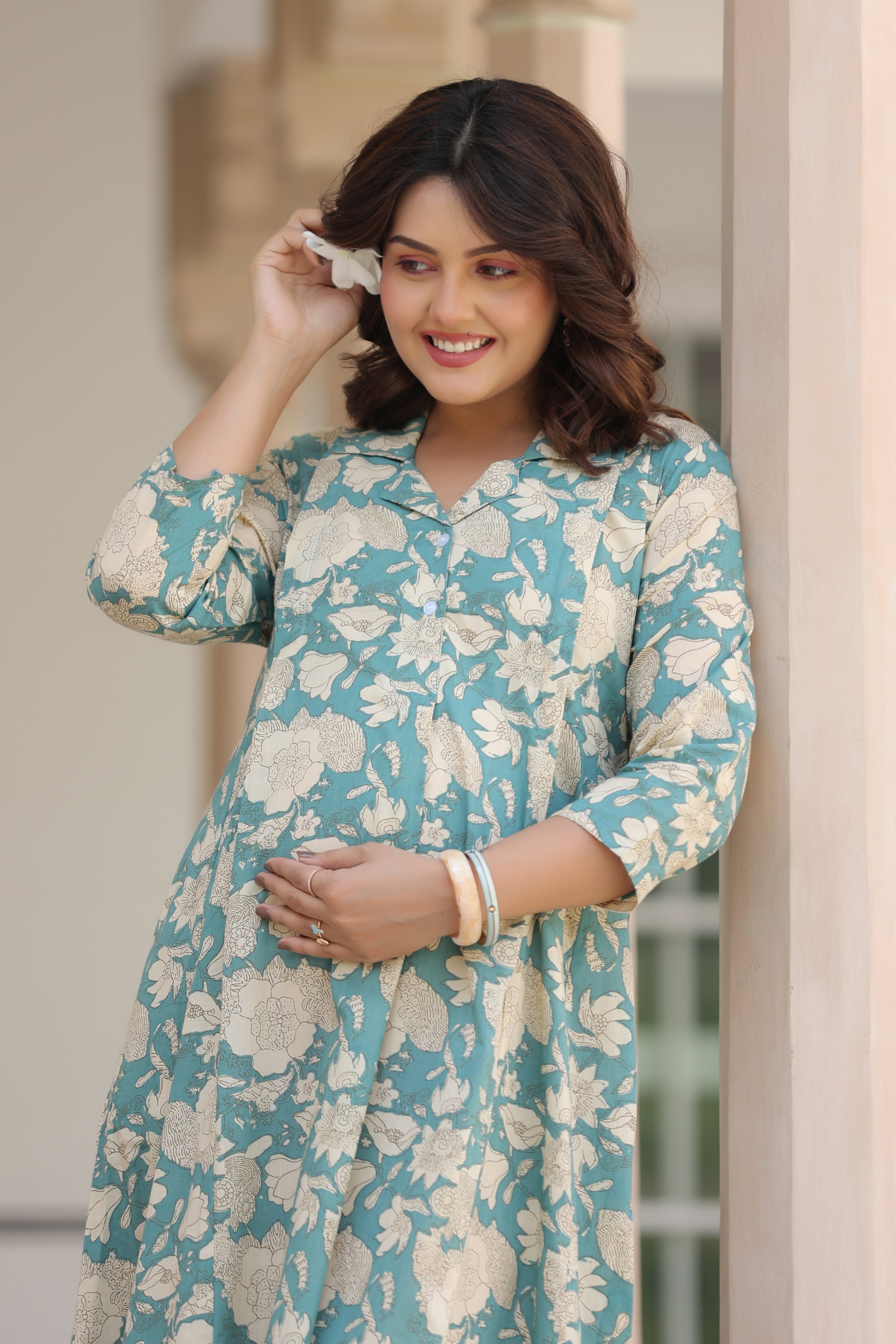 Teal Gardenia Cotton Maternity - Nursing Kurti