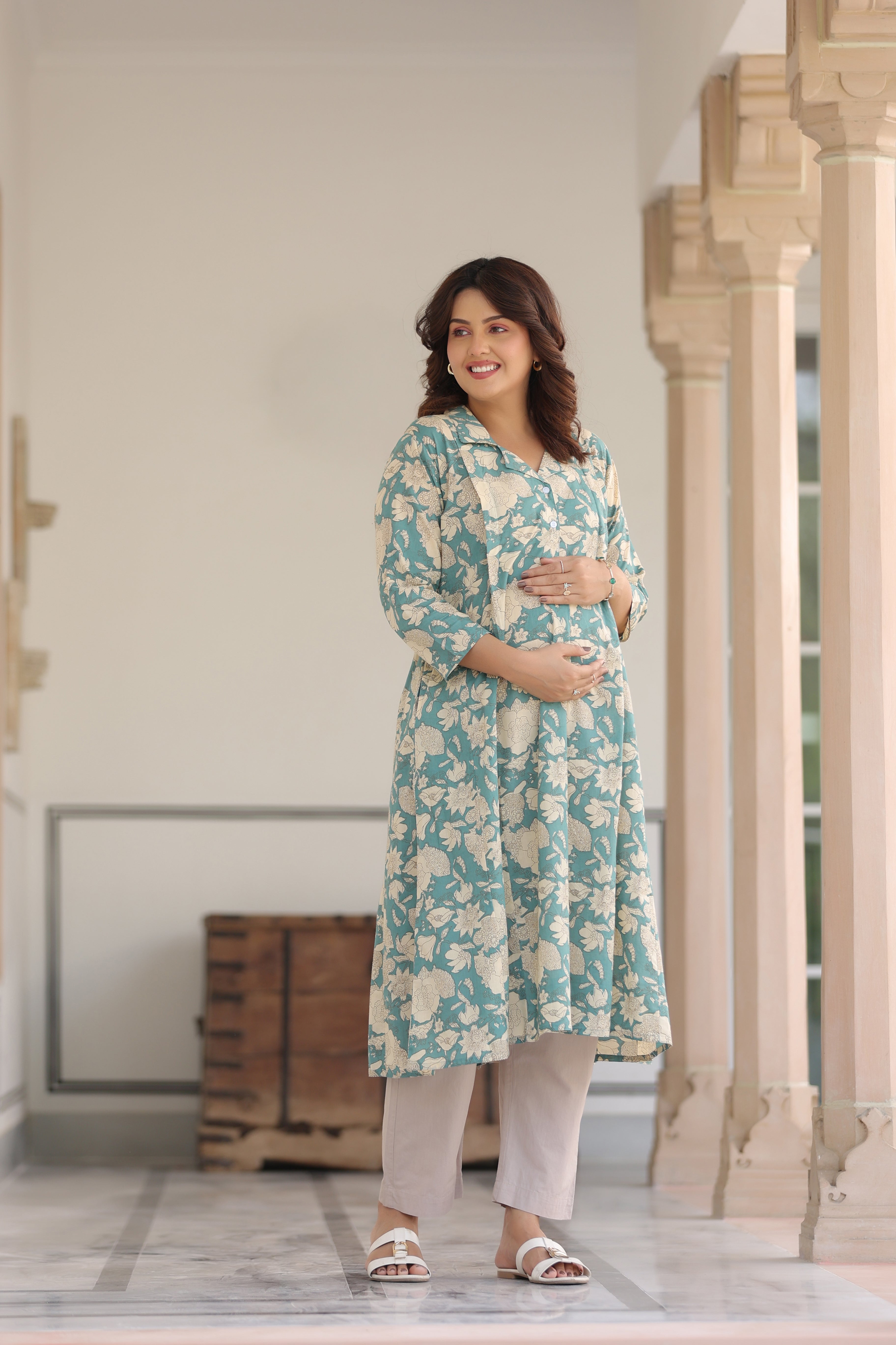 Teal Gardenia Cotton Maternity - Nursing Kurti