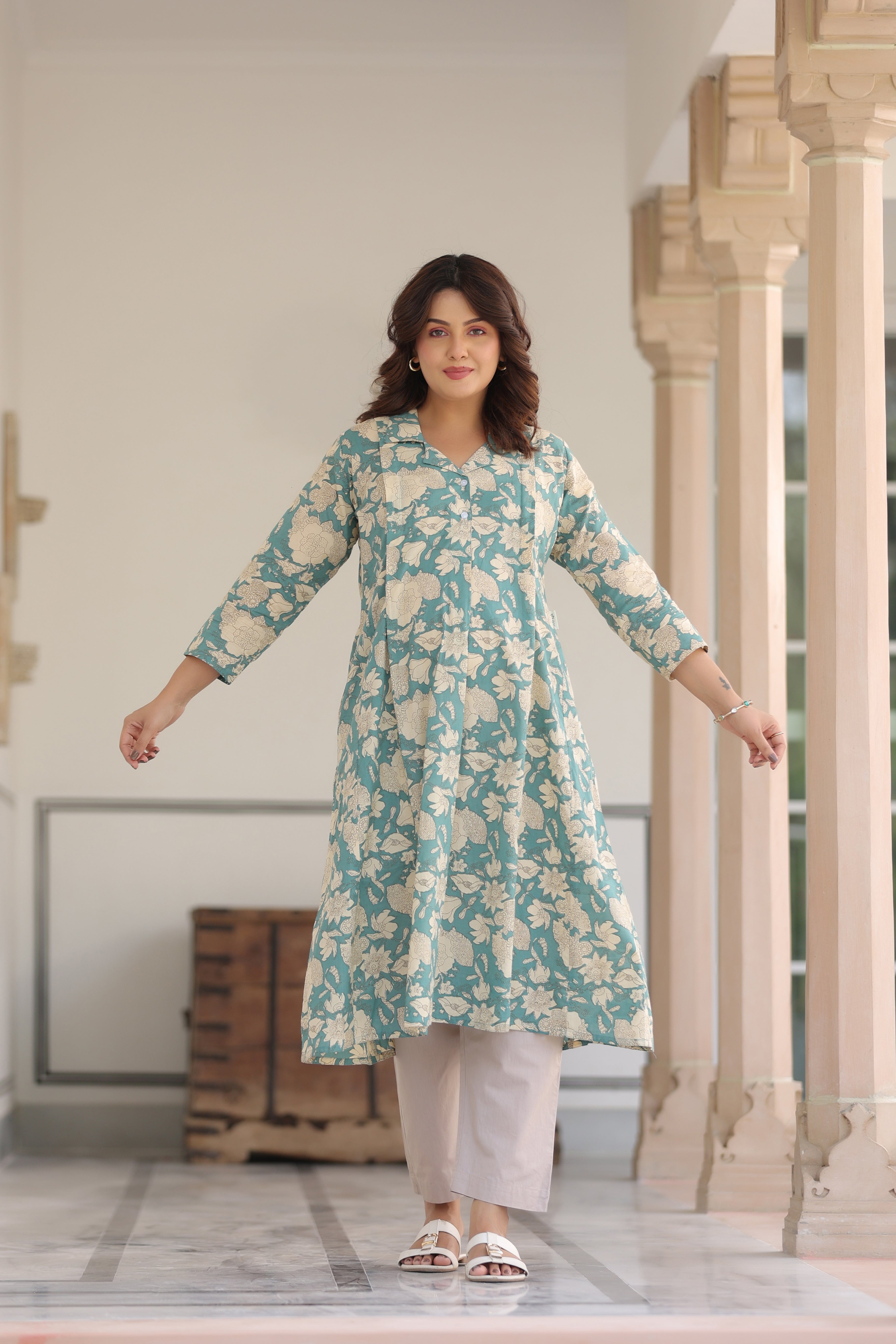 Teal Gardenia Cotton Maternity - Nursing Kurti