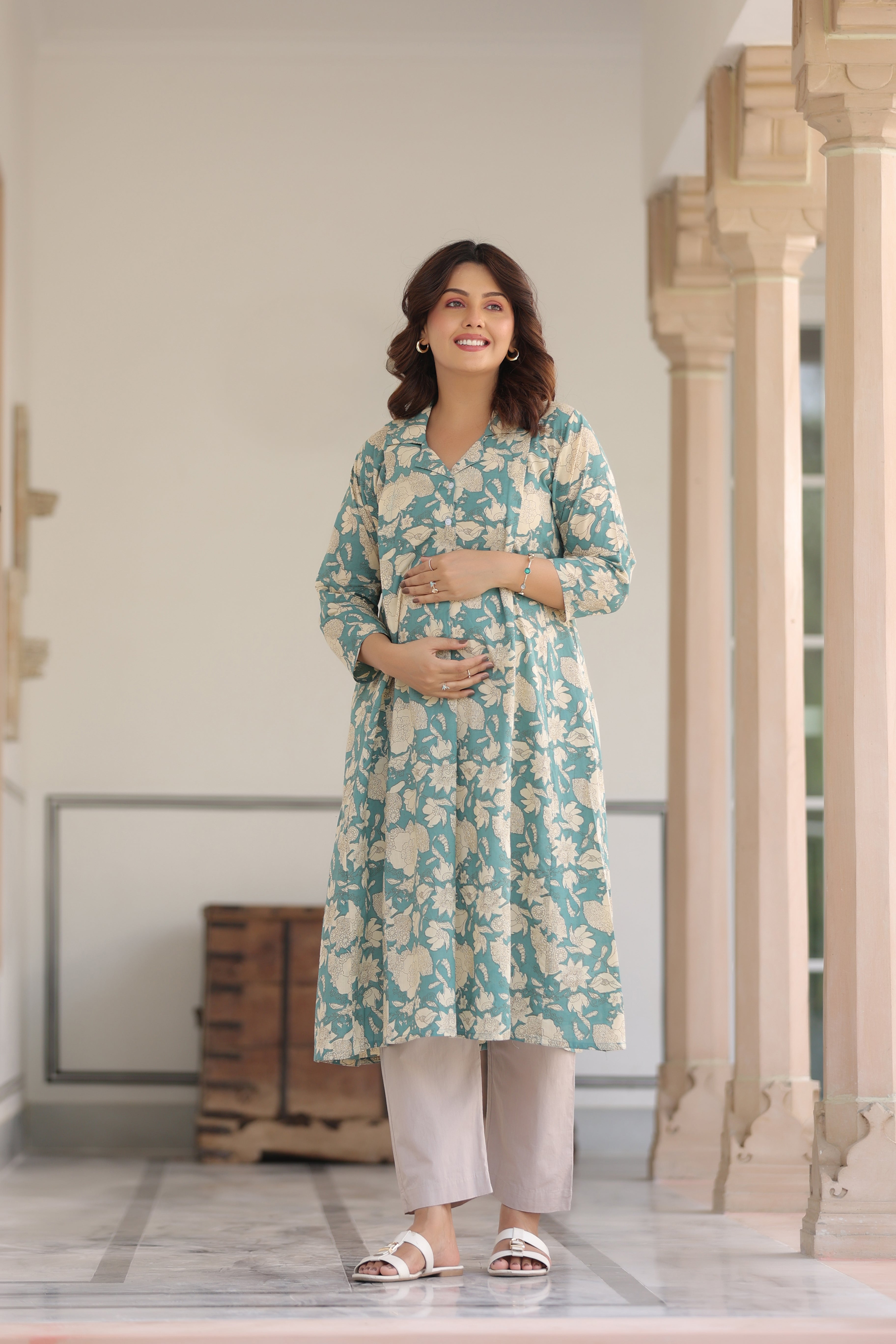 Teal Gardenia Cotton Maternity - Nursing Kurti