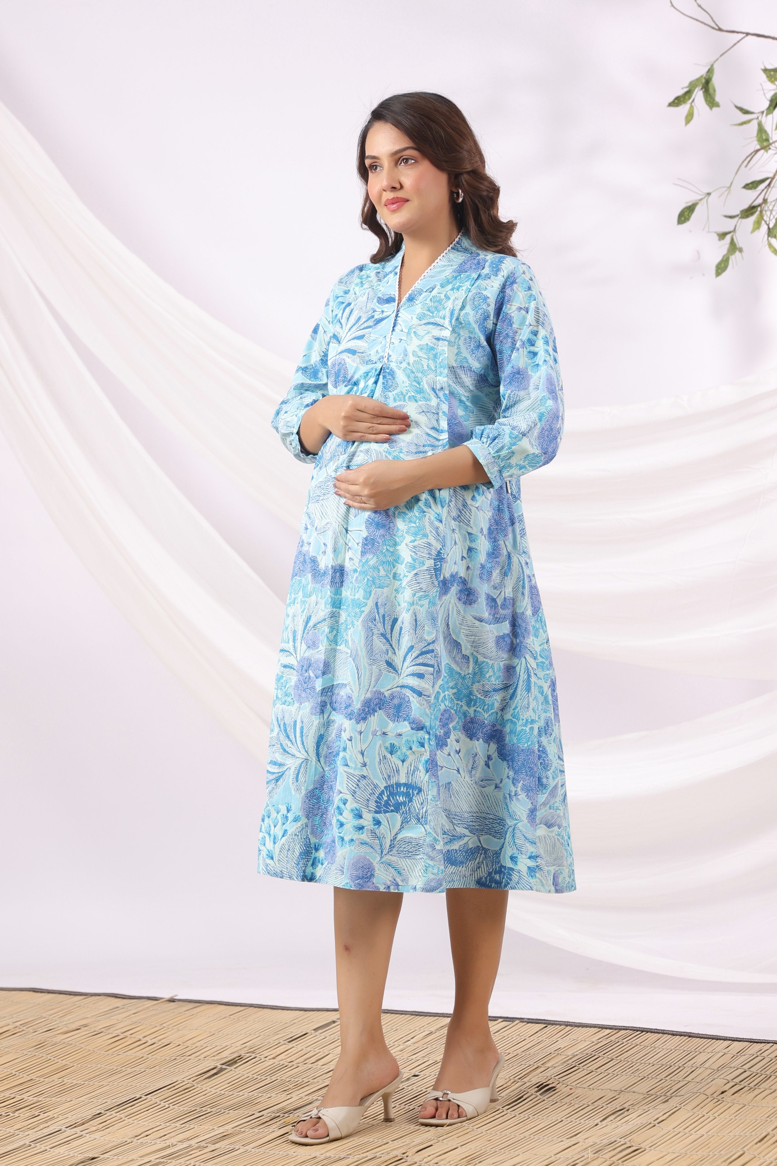 Ocean Petal Sketch Cotton Maternity - Nursing Dress