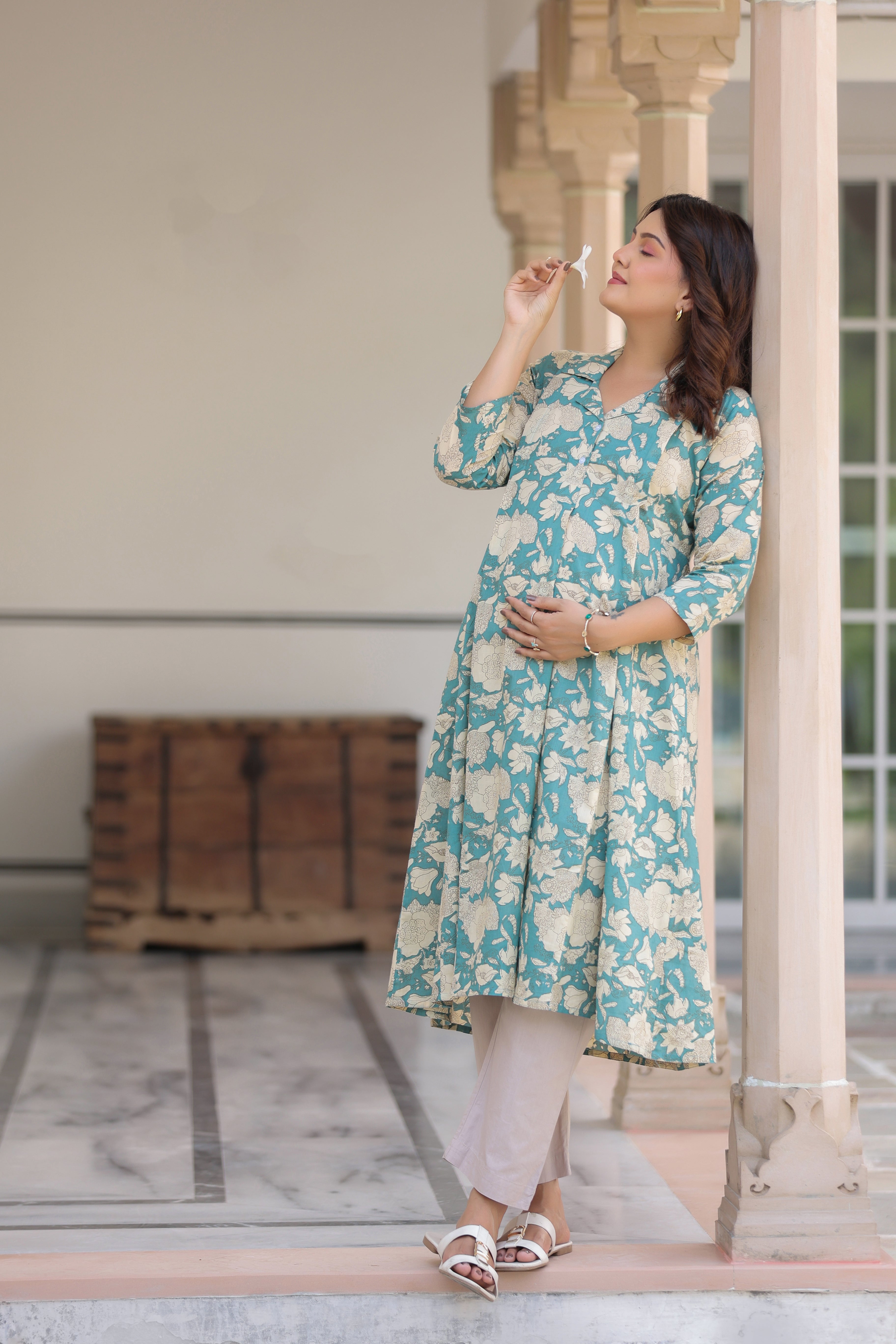 Teal Gardenia Cotton Maternity - Nursing Kurti