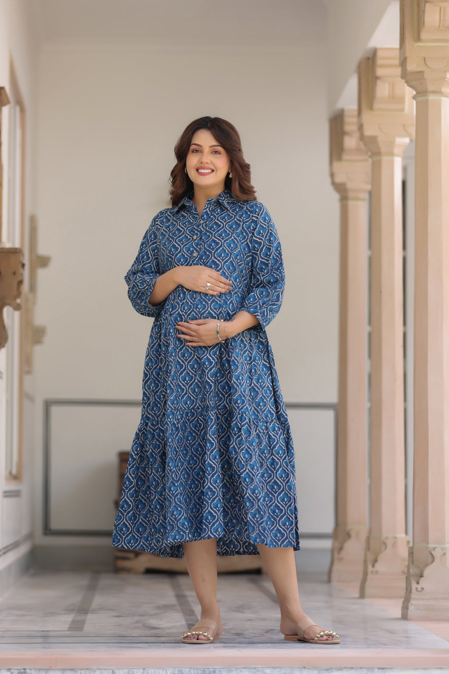 Classic Indigo Cotton Maternity - Nursing Dress