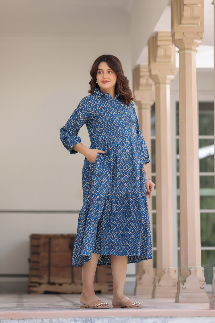 Classic Indigo Cotton Maternity - Nursing Dress