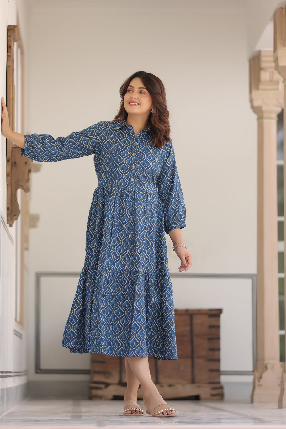 Classic Indigo Cotton Maternity - Nursing Dress