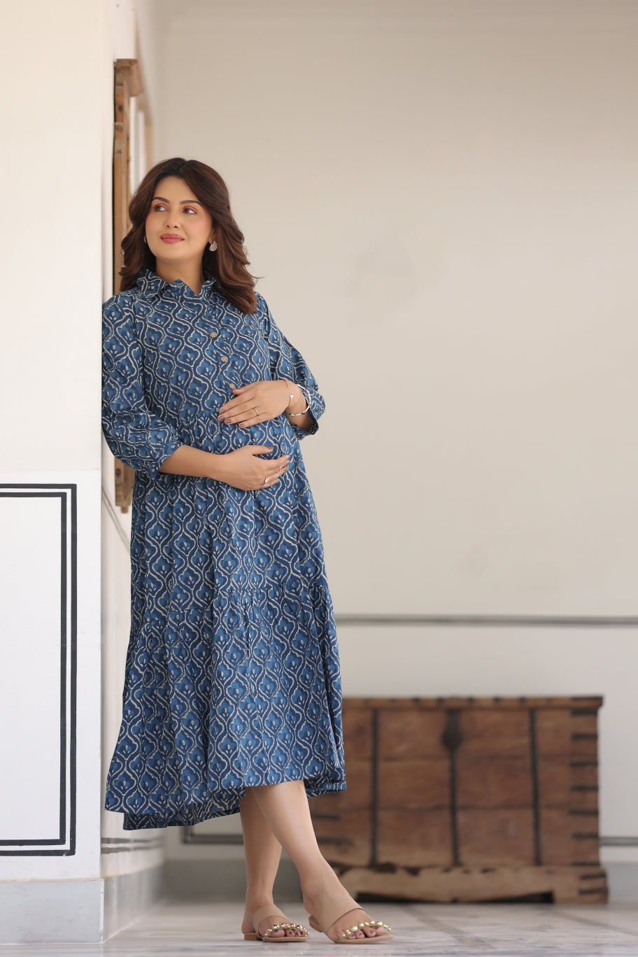 Classic Indigo Cotton Maternity - Nursing Dress