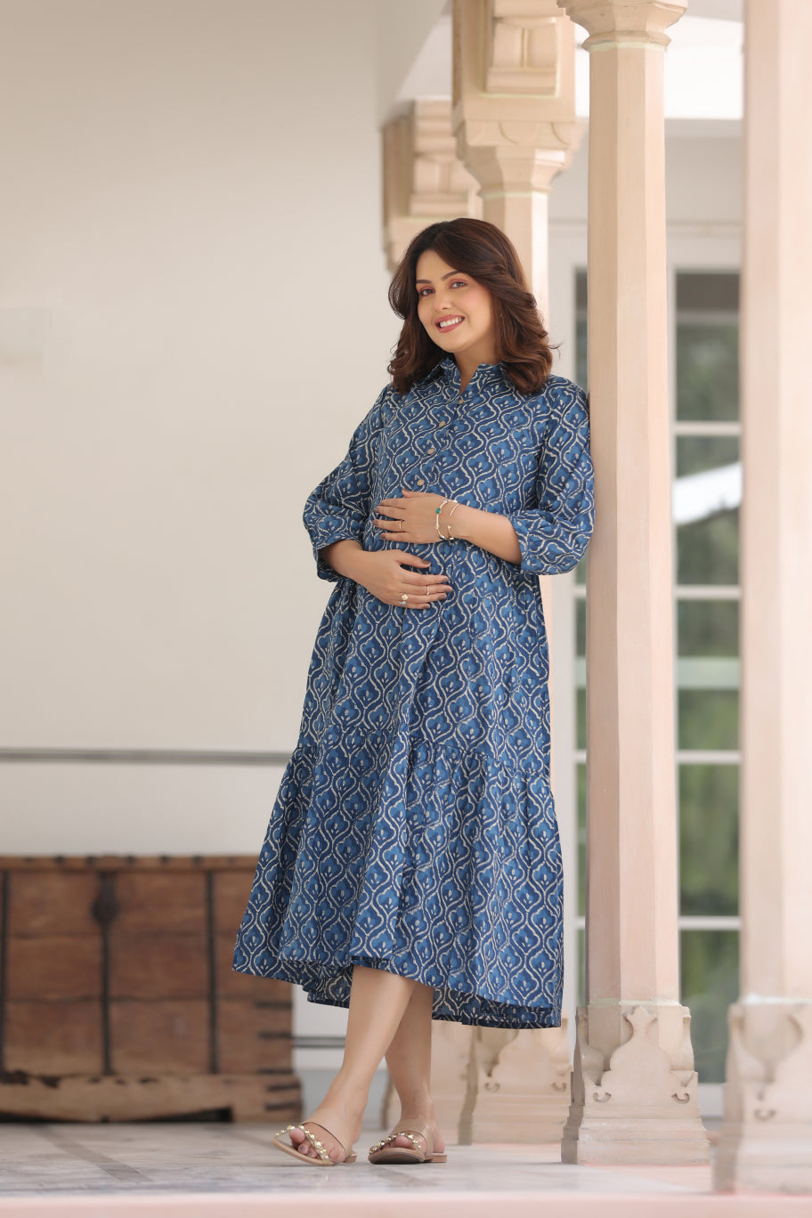 Classic Indigo Cotton Maternity - Nursing Dress