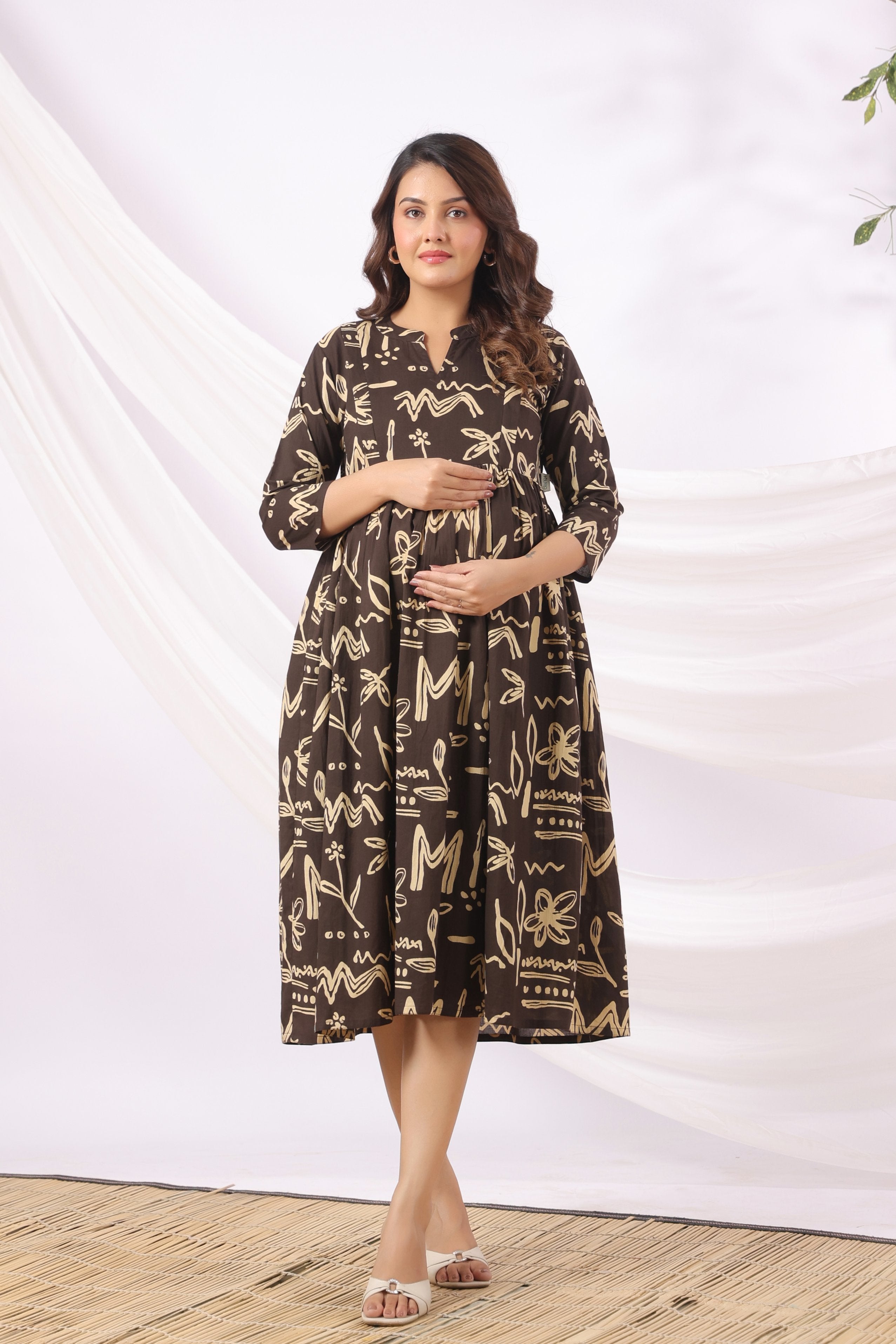 Black Ink Garden Cotton Maternity - Nursing Dress
