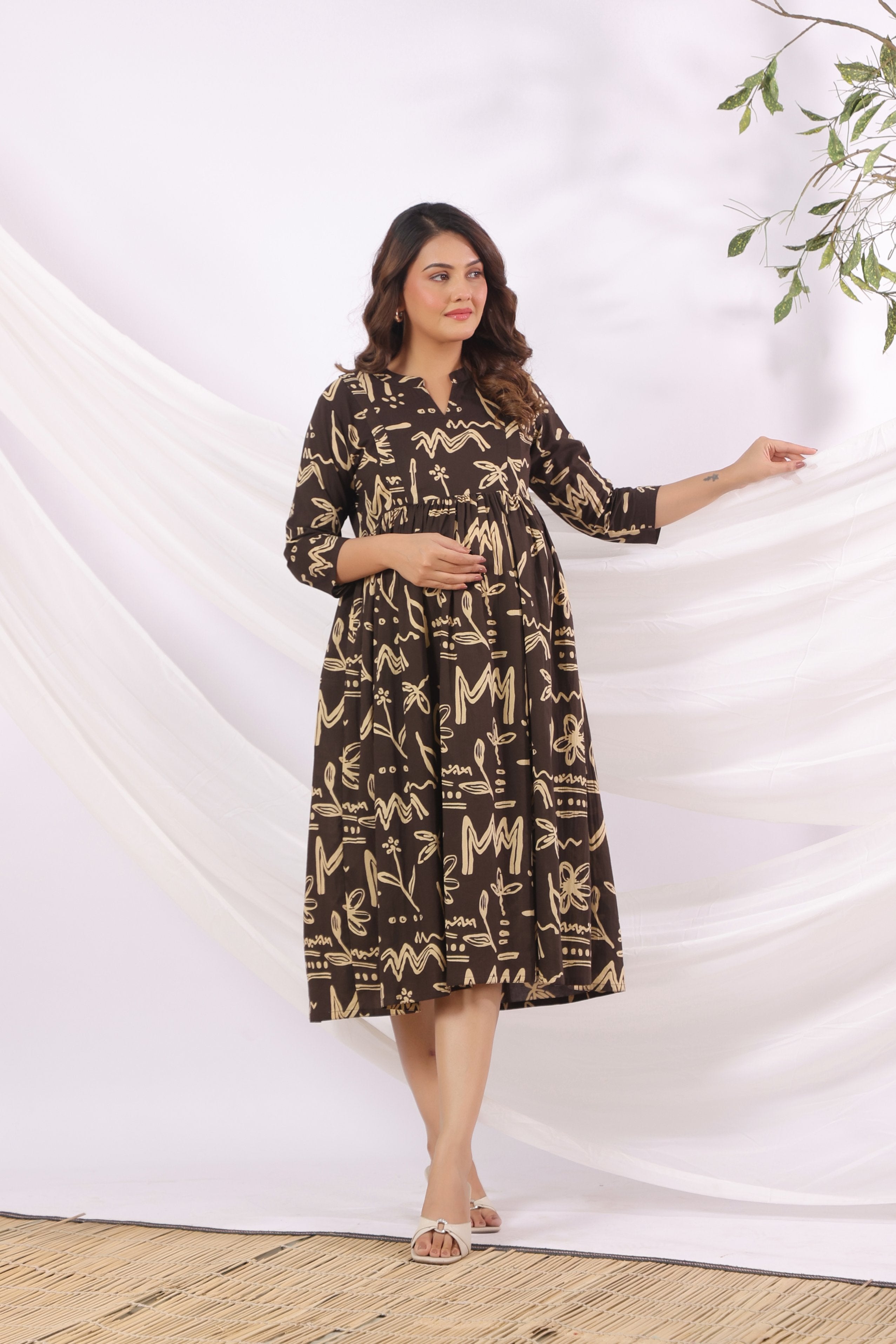 Black Ink Garden Cotton Maternity - Nursing Dress