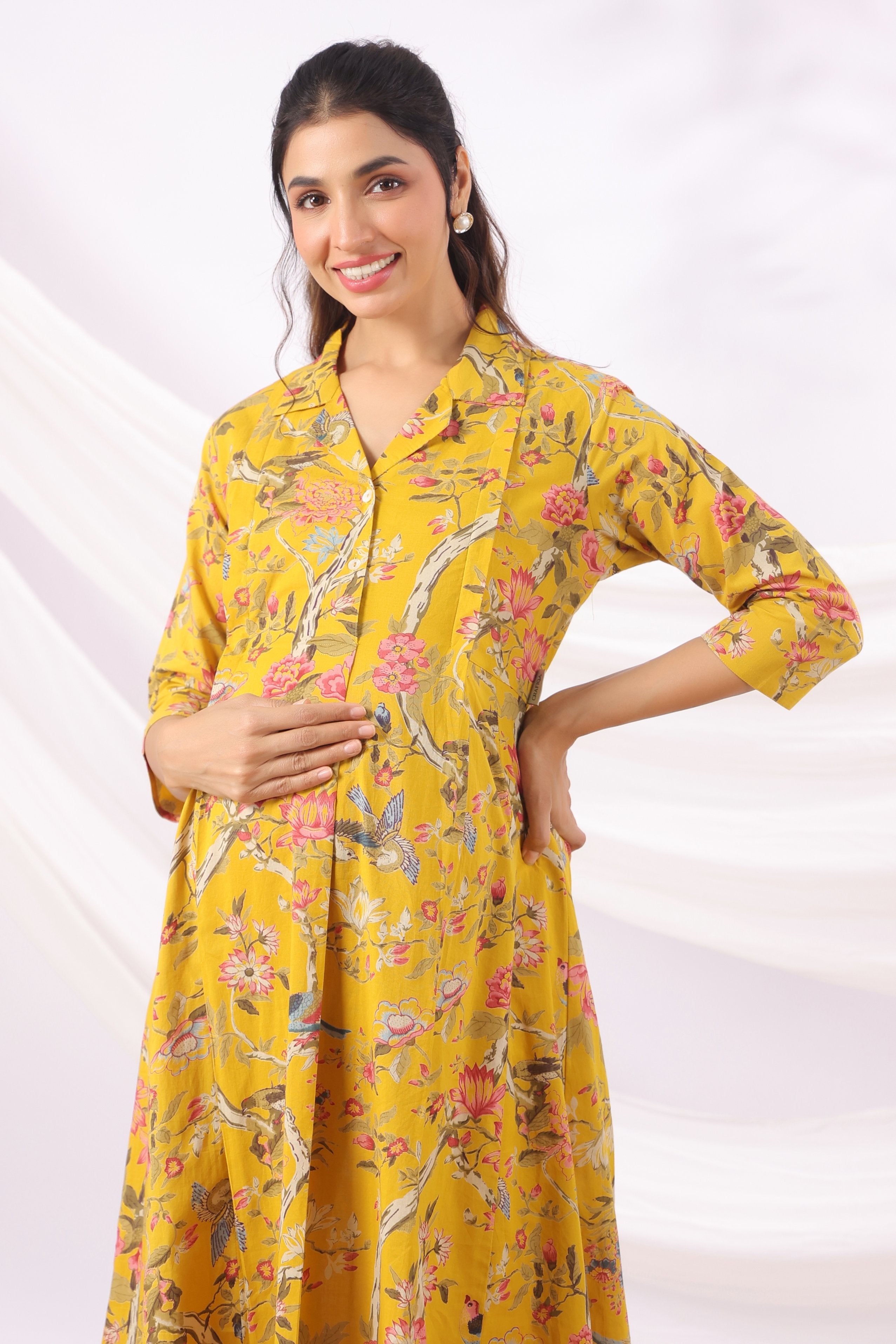 Sunrise Flora Birds Cotton Maternity - Nursing Kurta