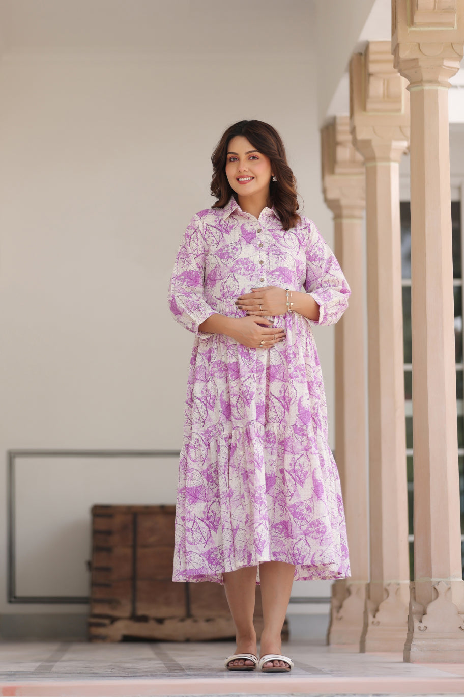 Lavender Leaves Cotton Maternity - Nursing Dress