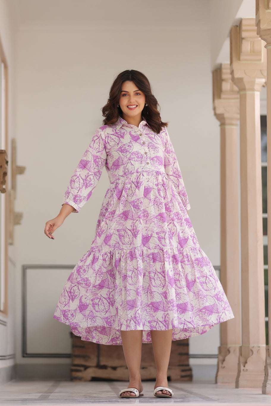 Lavender Leaves Cotton Maternity - Nursing Dress