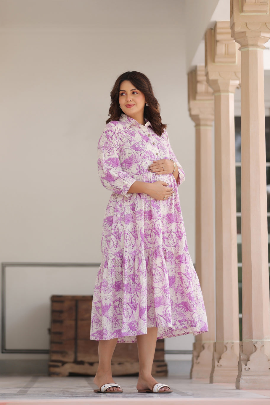Lavender Leaves Cotton Maternity - Nursing Dress