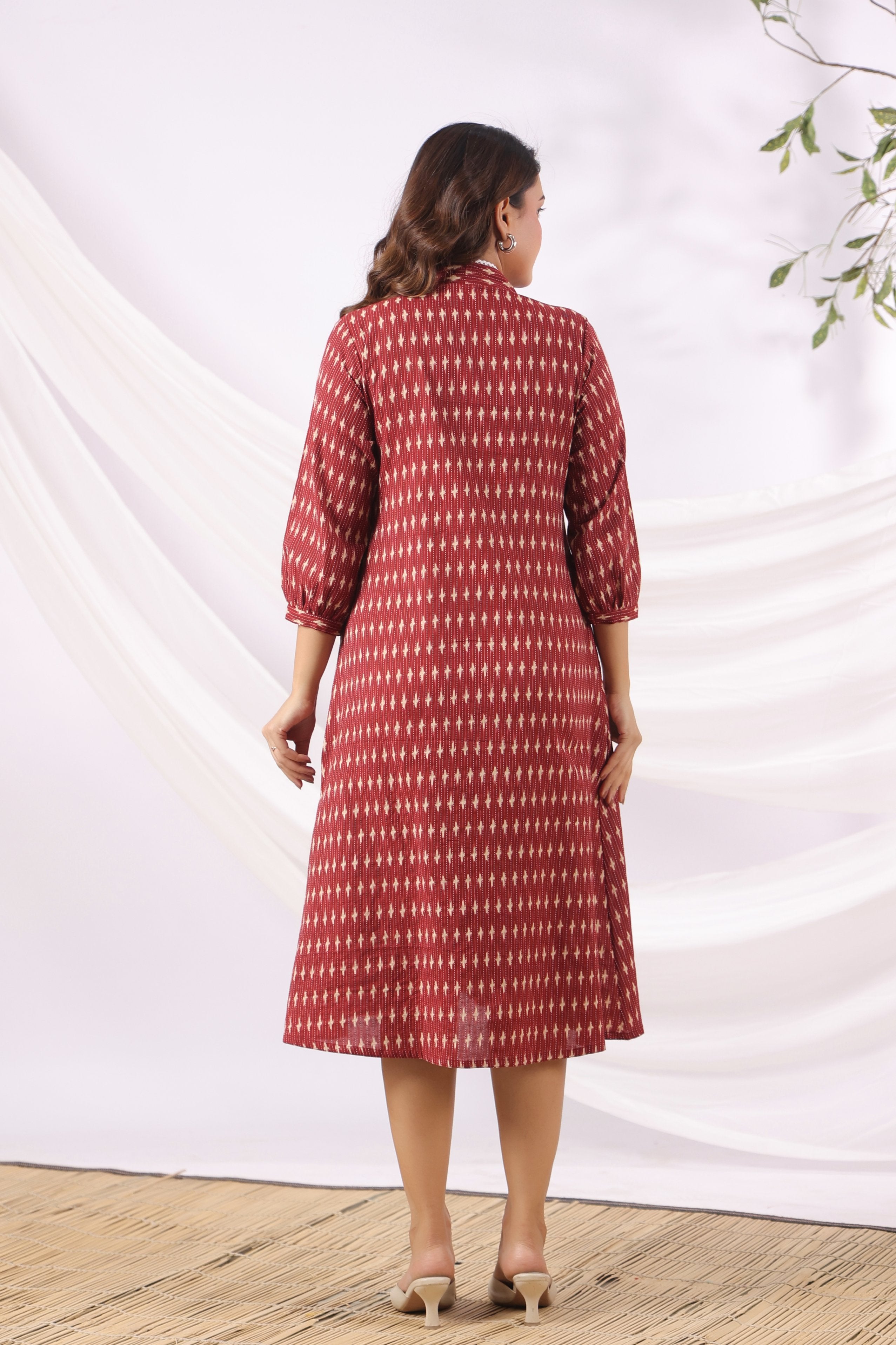Maroon Micro Ikat Cotton Maternity - Nursing Dress