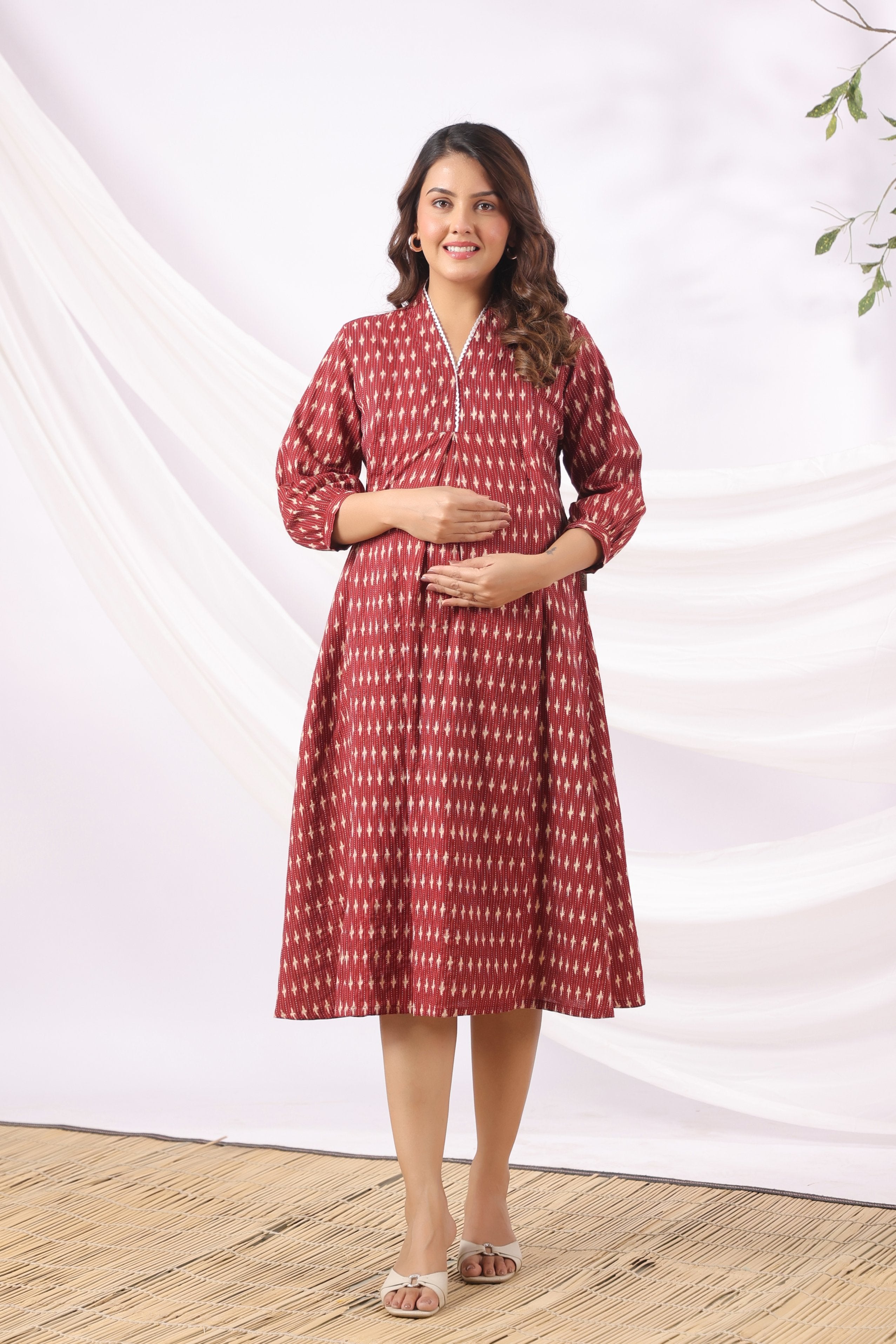 Maroon Micro Ikat Cotton Maternity - Nursing Dress