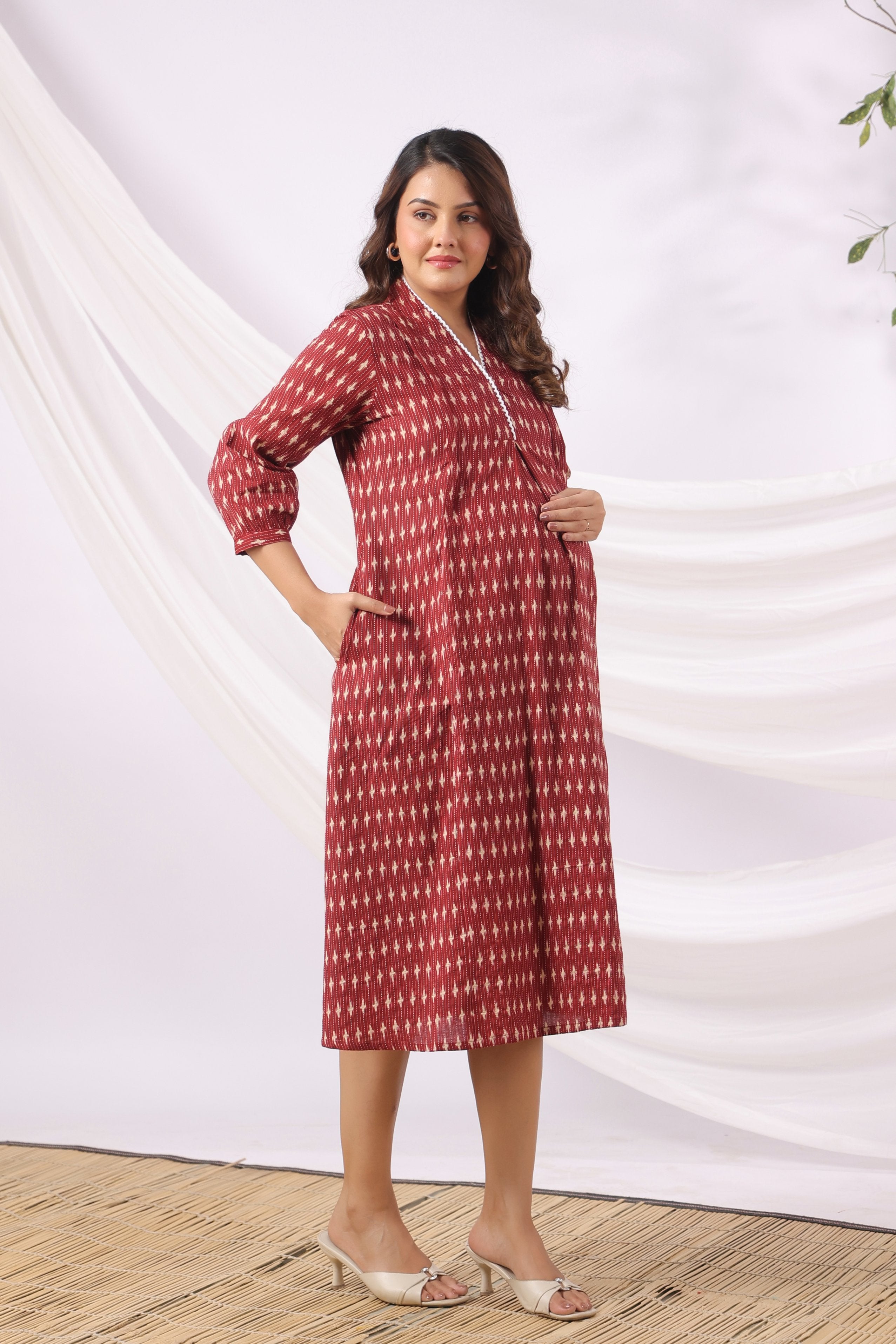 Maroon Micro Ikat Cotton Maternity - Nursing Dress