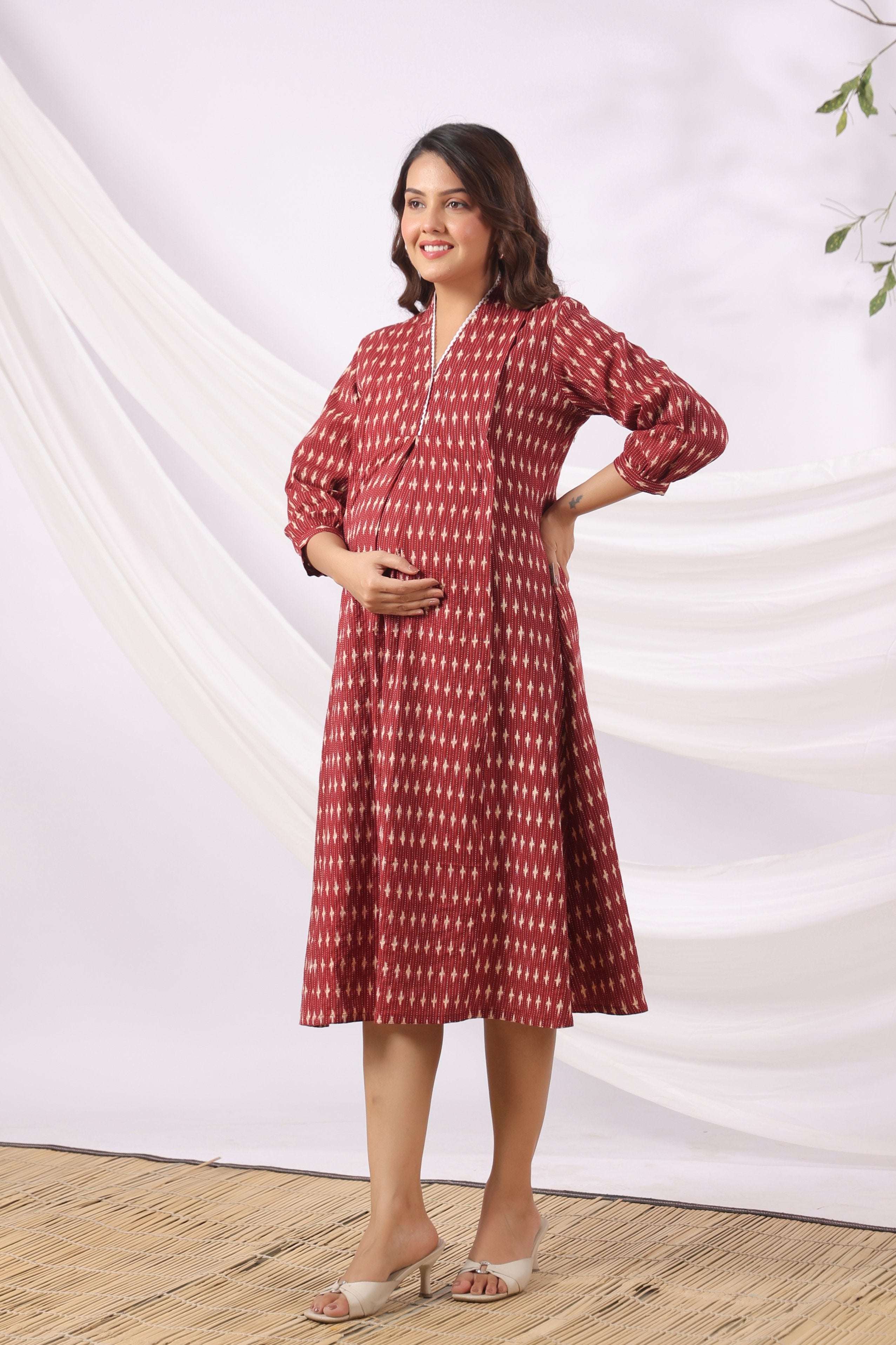 Maroon Micro Ikat Cotton Maternity - Nursing Dress