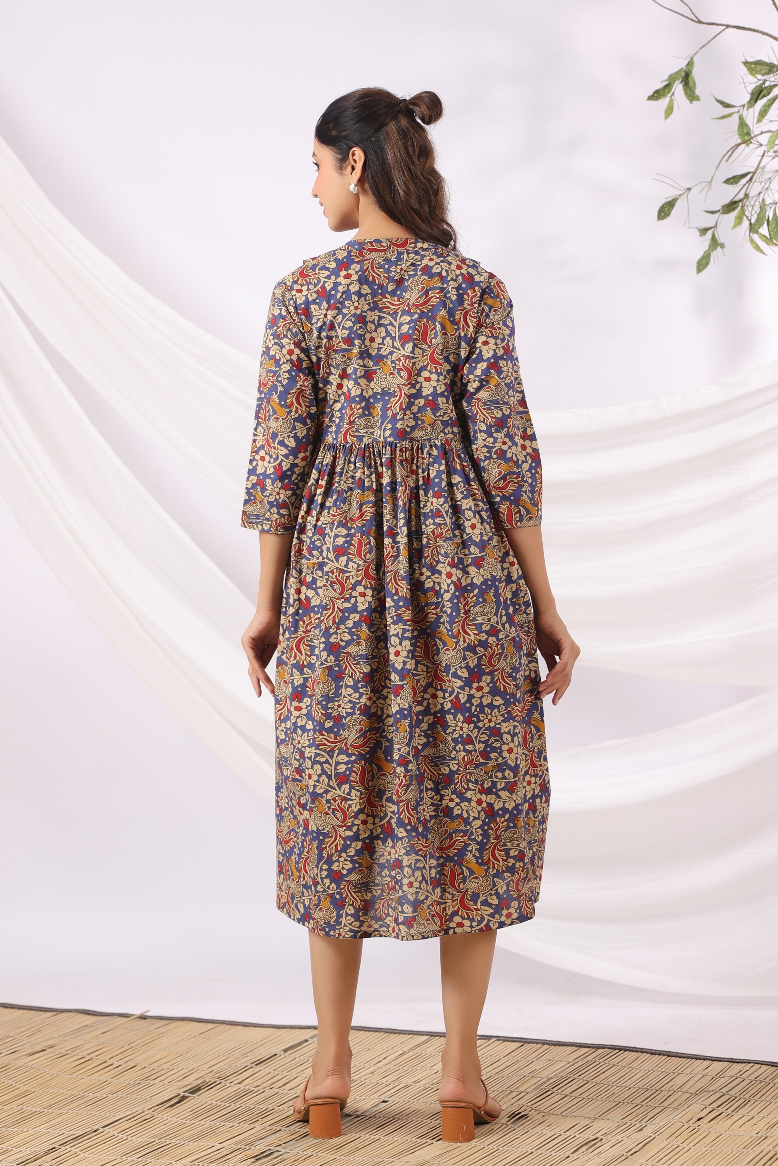 Purple Kalamkari Bird Paradise Cotton Maternity - Nursing Dress