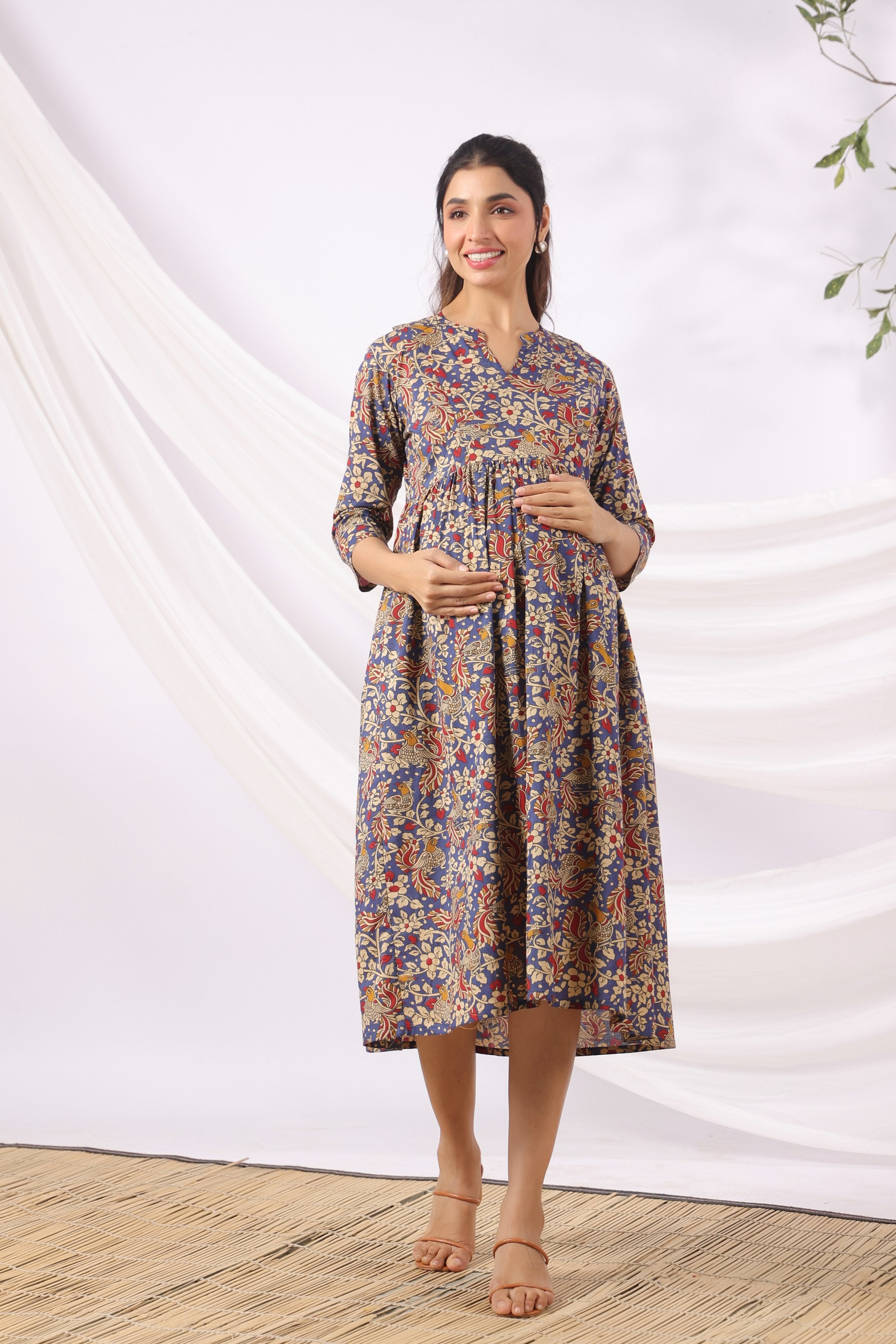 Purple Kalamkari Bird Paradise Cotton Maternity - Nursing Dress