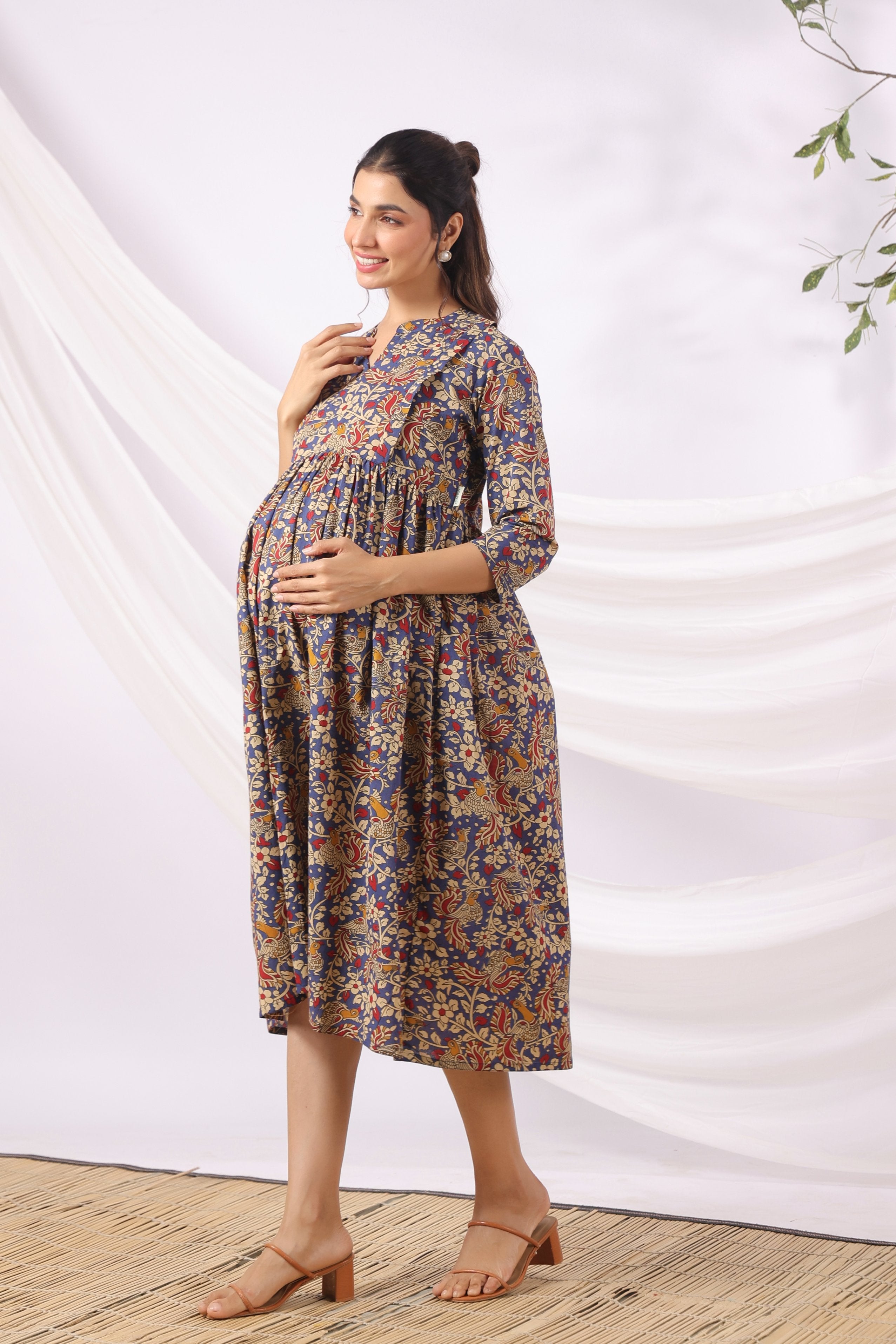 Purple Kalamkari Bird Paradise Cotton Maternity - Nursing Dress