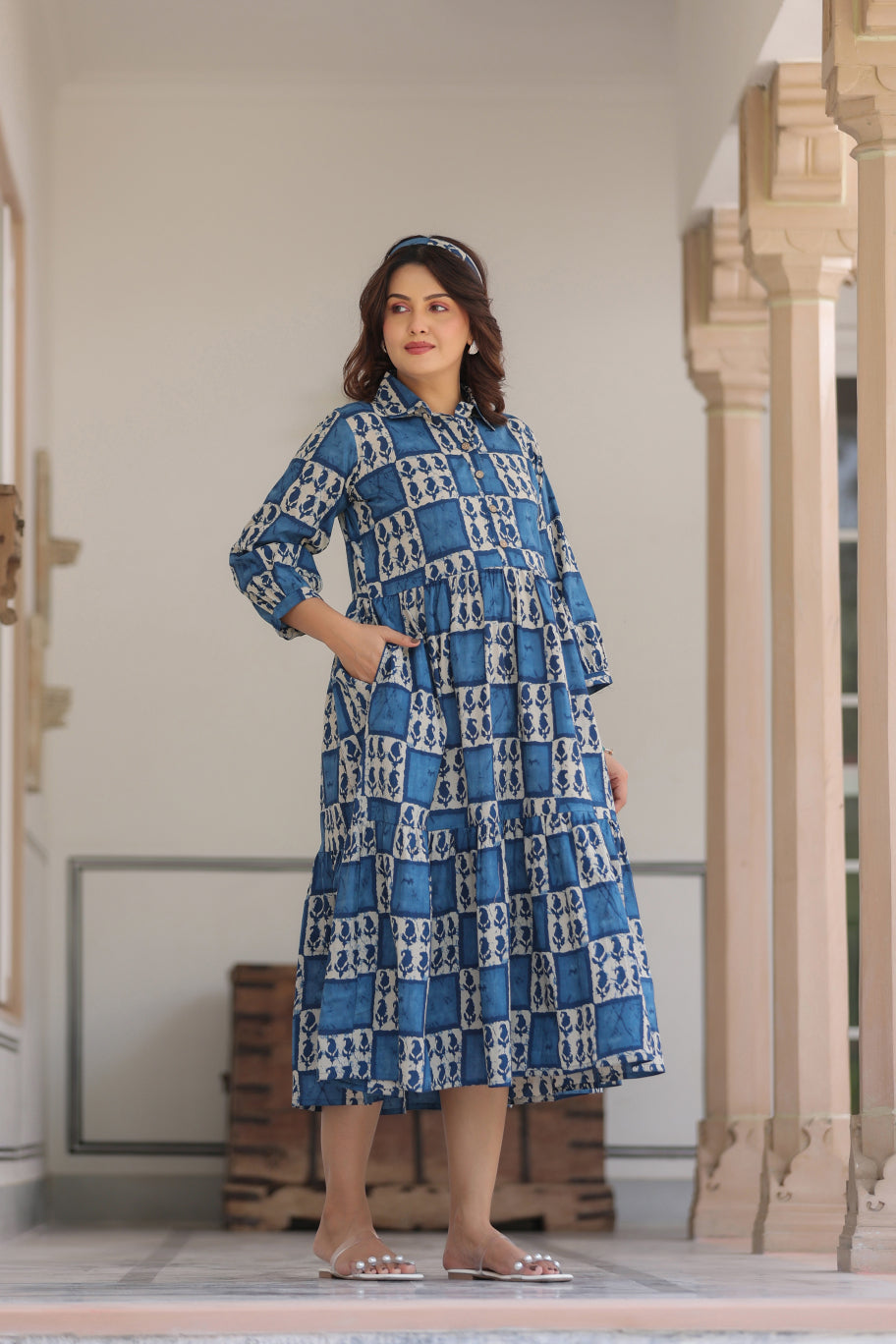 Indigo Jharokha Cotton Maternity - Nursing Dress