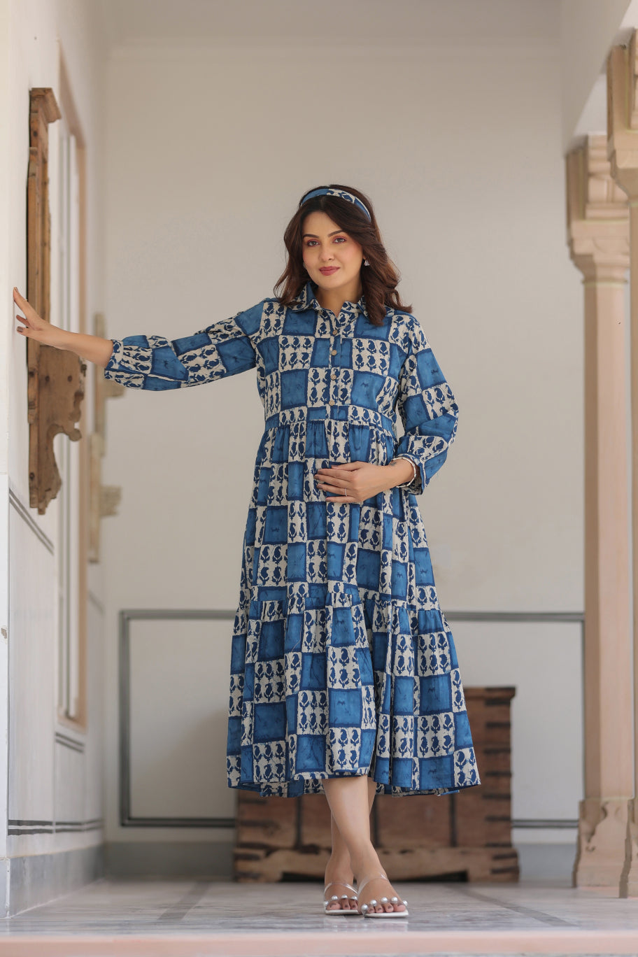 Indigo Jharokha Cotton Maternity - Nursing Dress