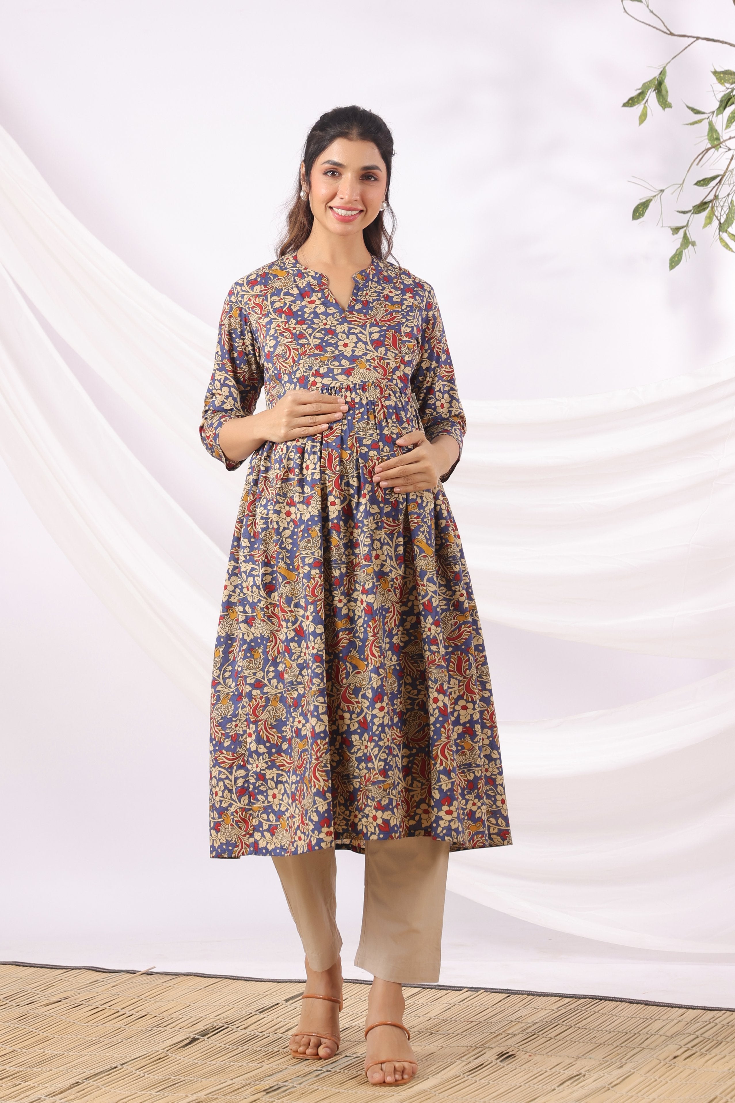 Purple Kalamkari Bird Paradise Cotton Maternity - Nursing Kurta