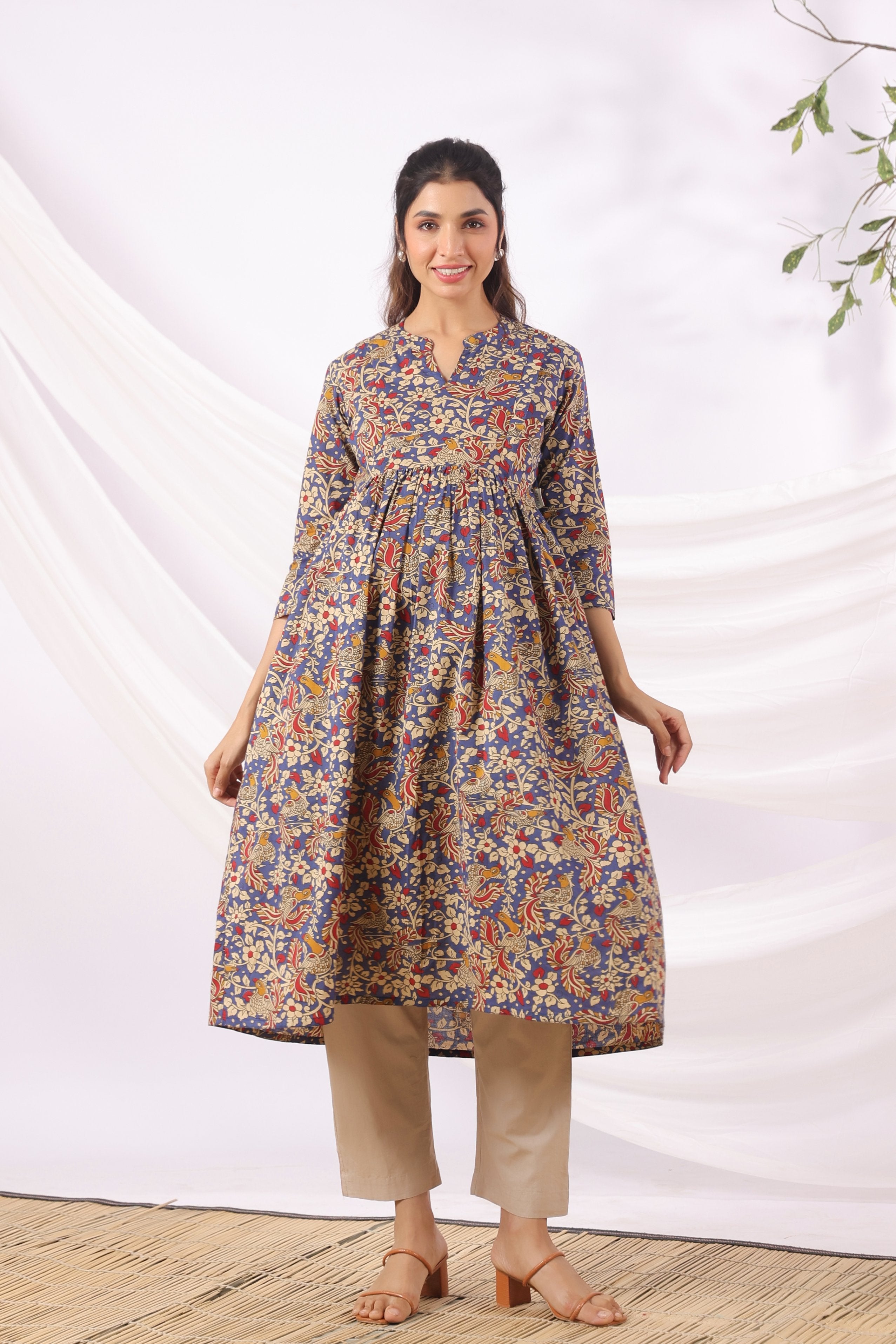 Purple Kalamkari Bird Paradise Cotton Maternity - Nursing Kurta