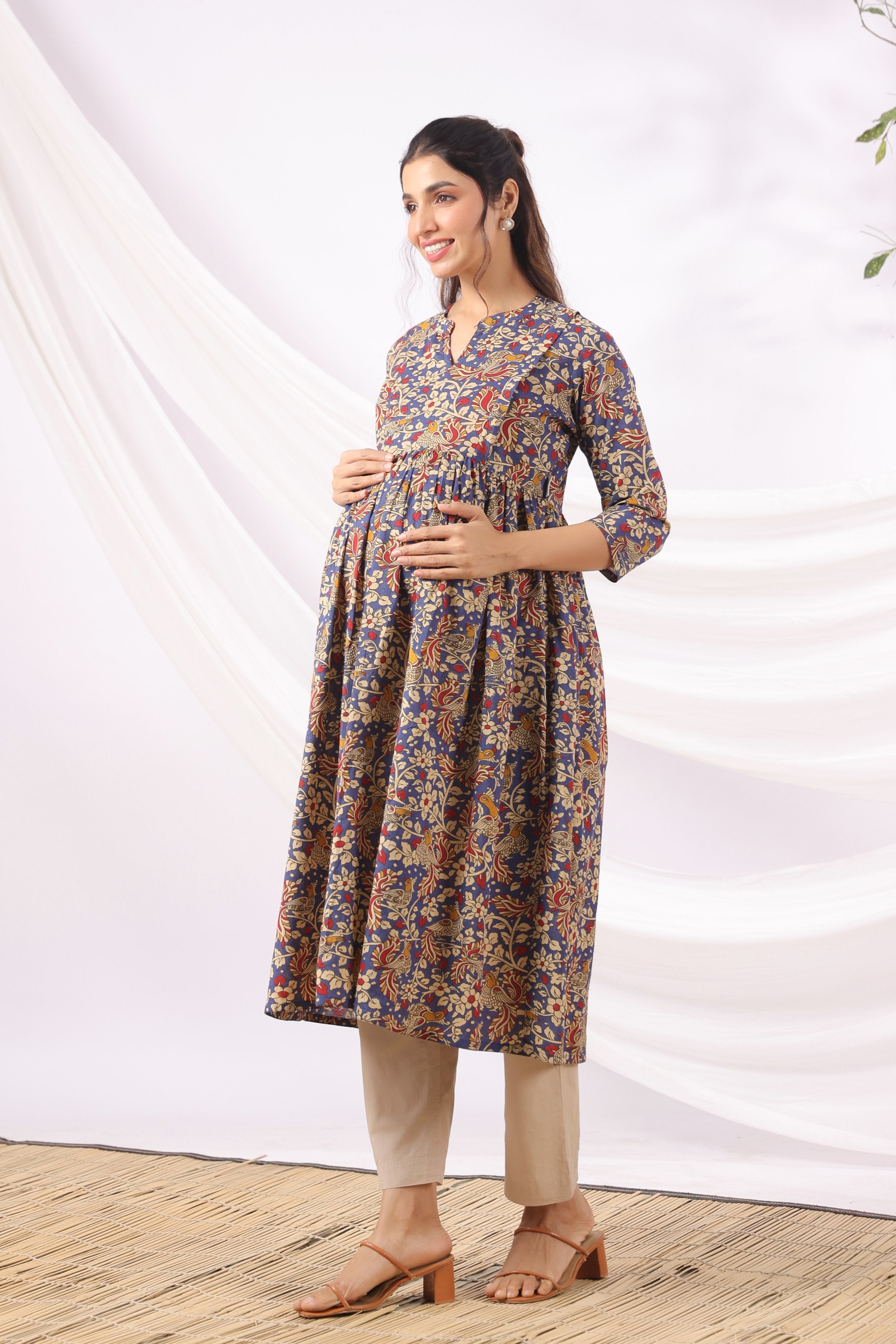 Purple Kalamkari Bird Paradise Cotton Maternity - Nursing Kurta