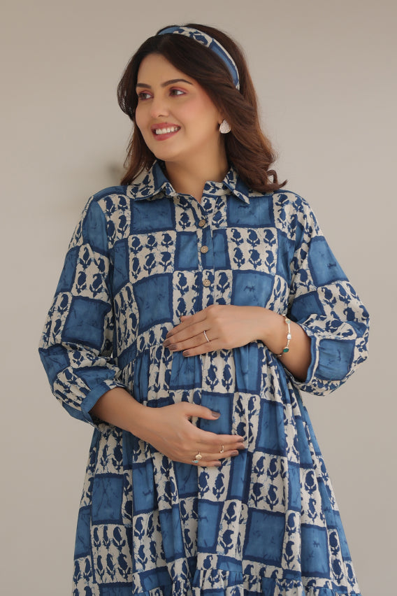 Indigo Jharokha Cotton Maternity - Nursing Dress