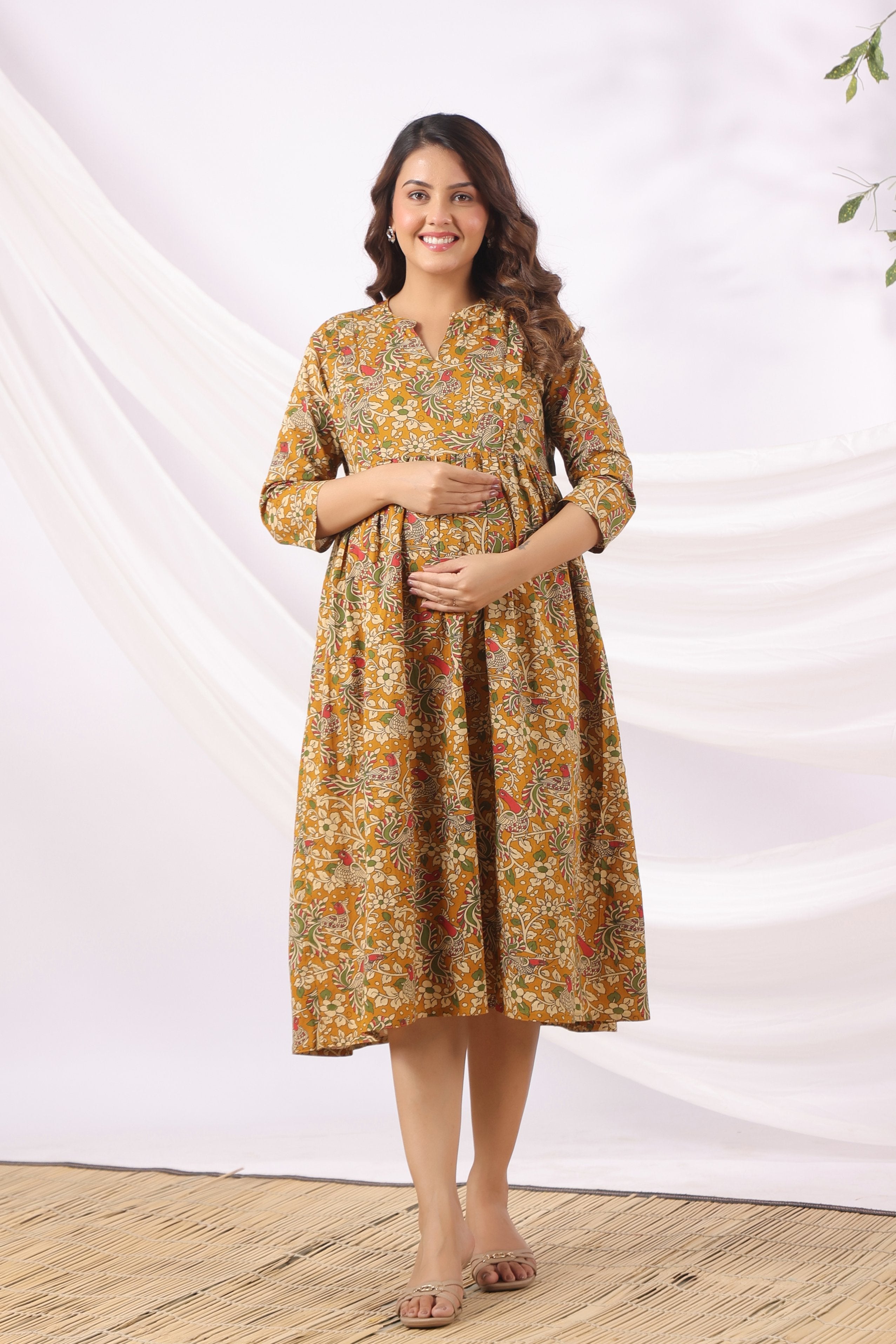 Mustard Kalamkari Bird Paradise Cotton Maternity - Nursing Dress